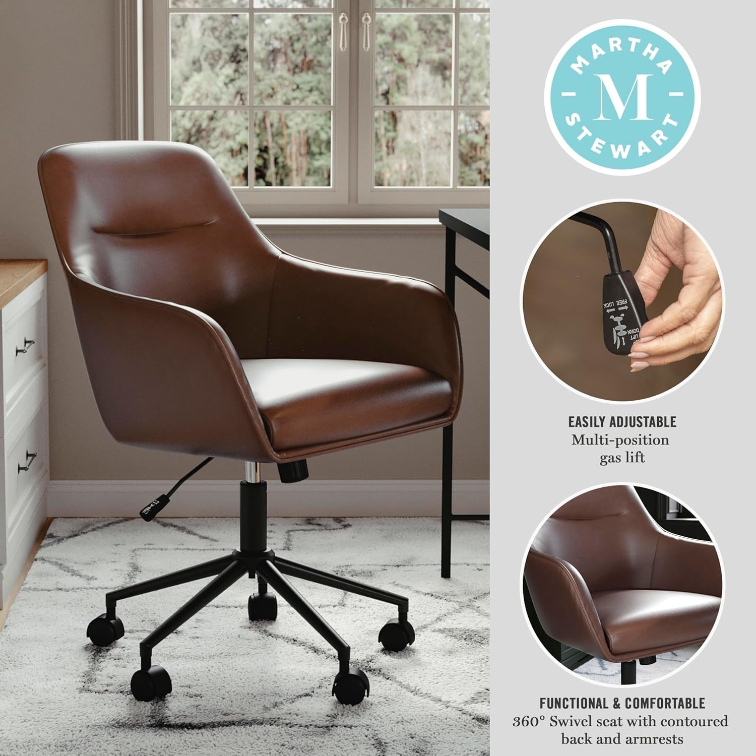 Rayna Swivel Task Chair Saddle Brown With Flared Arms