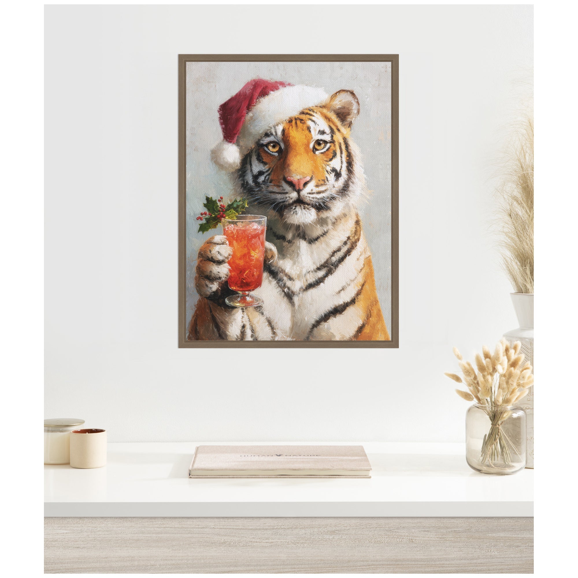 Sylvie Framed Canvas Tiger Festive Cocktail Santa Hat by The Creative Bunch Studio
