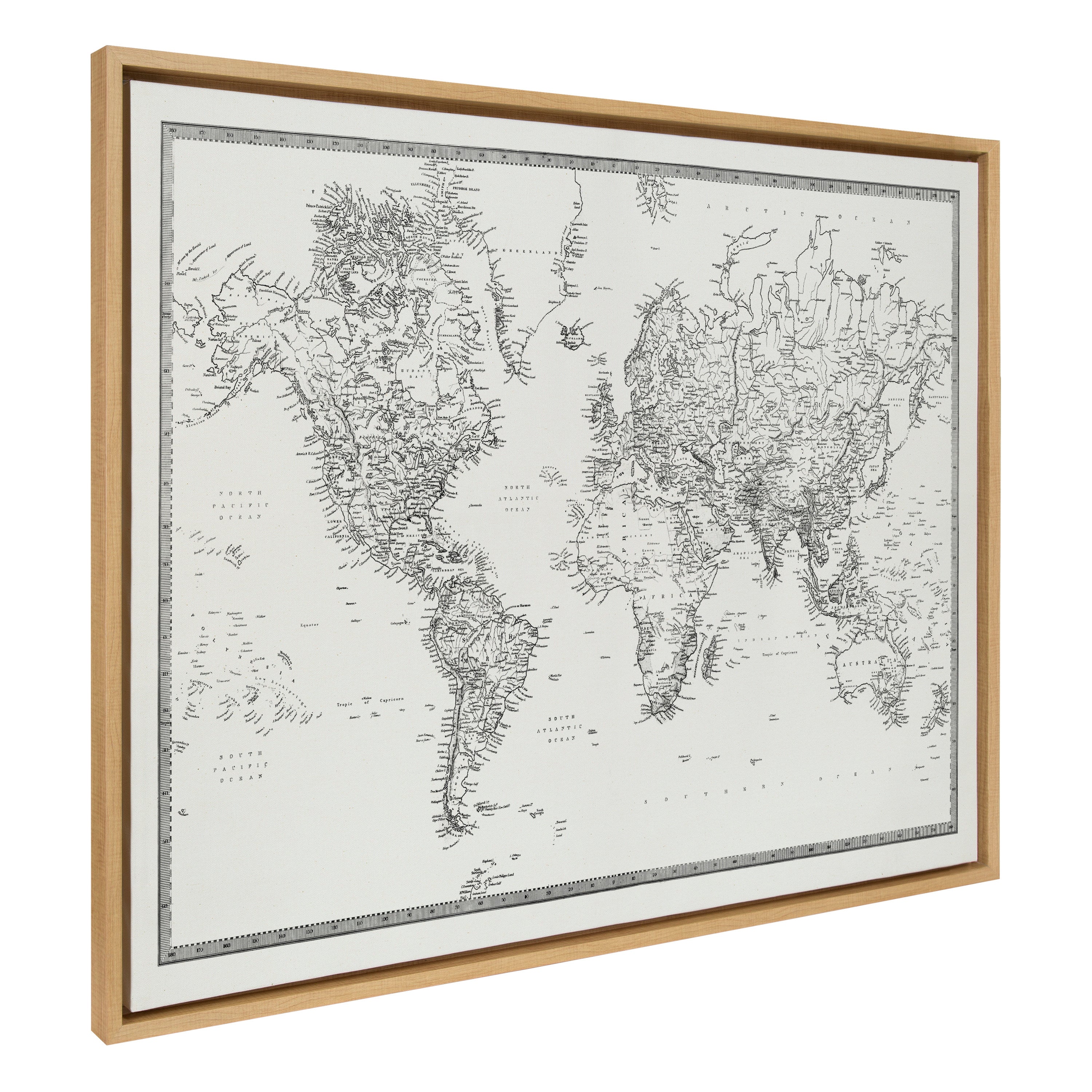 Sylvie Vintage Black and White World Map Framed Canvas by The Creative Bunch Studio