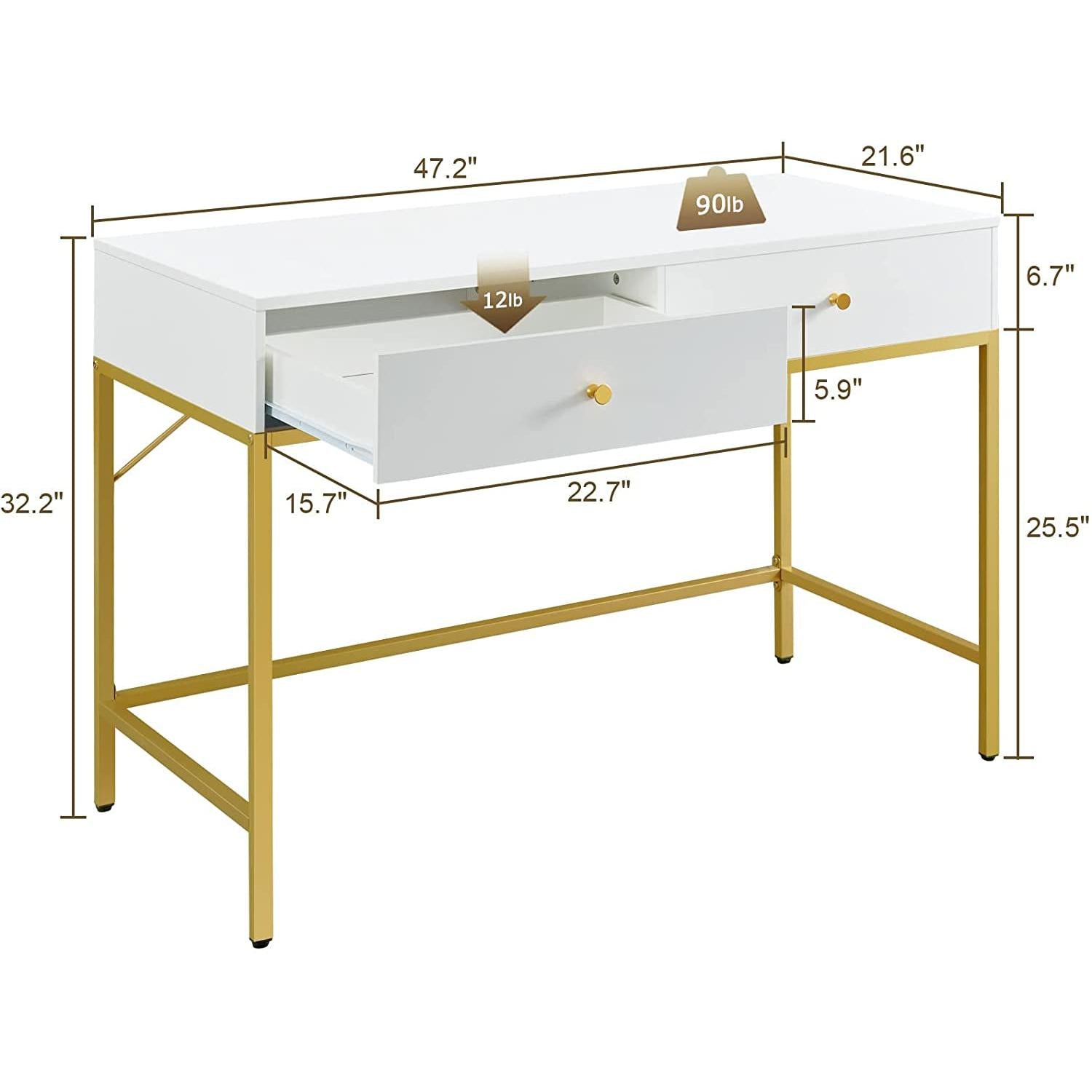 White And Gold Vanity Desk With Drawers For Bedroom