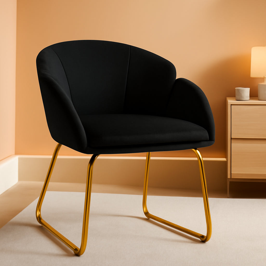 Modern Black Velvet Flower Armchair With Gold Legs