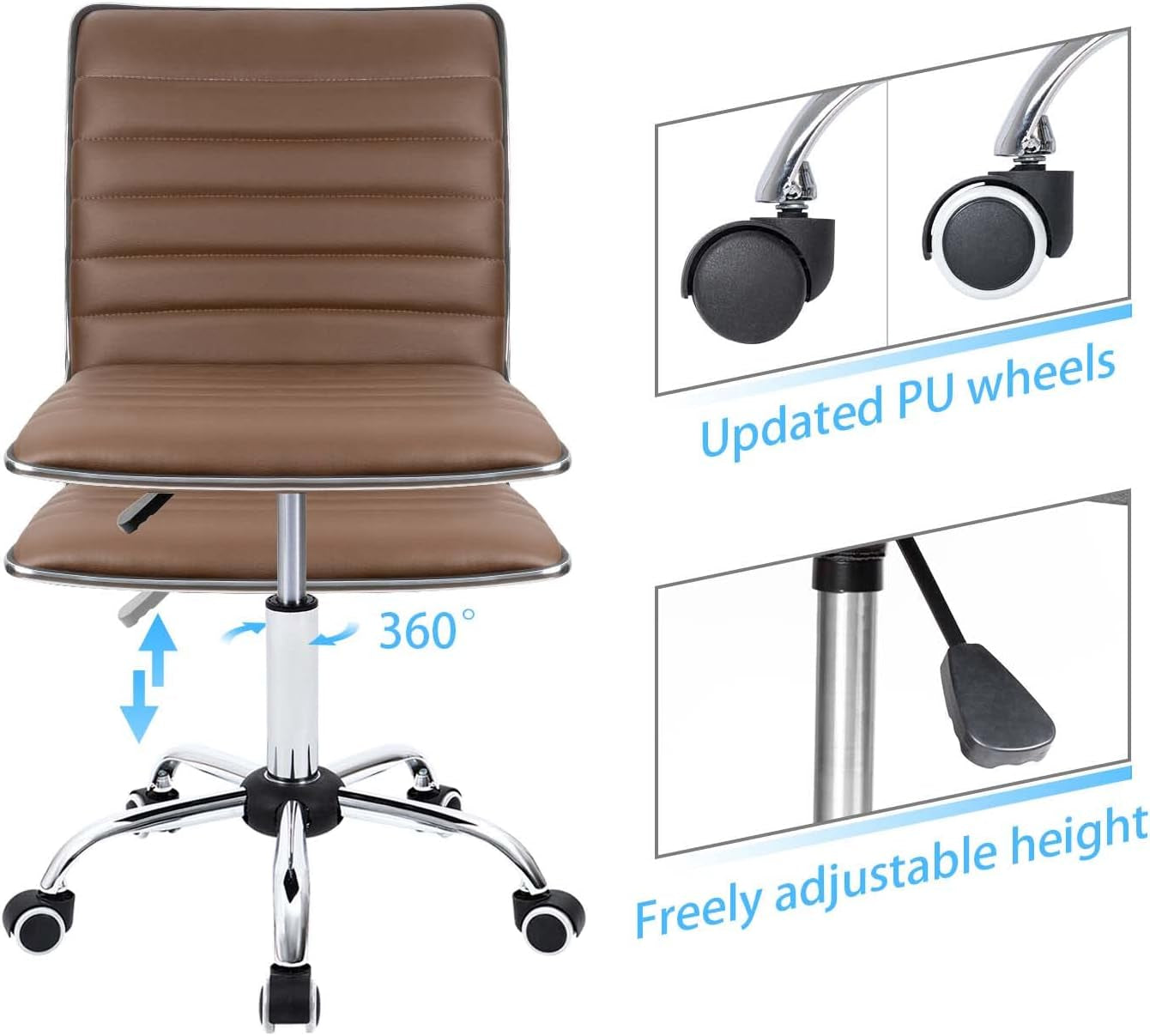 Mid Back Leather Armless Ribbed Task Chair Swivel Office