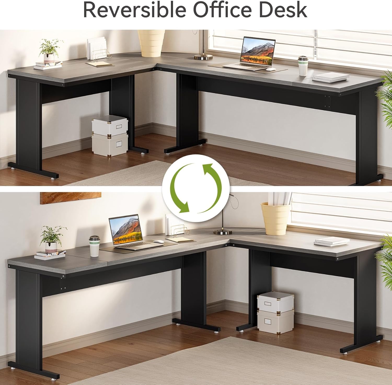 83in Gray Farmhouse L Shaped Desk With Mobile File Cabinet