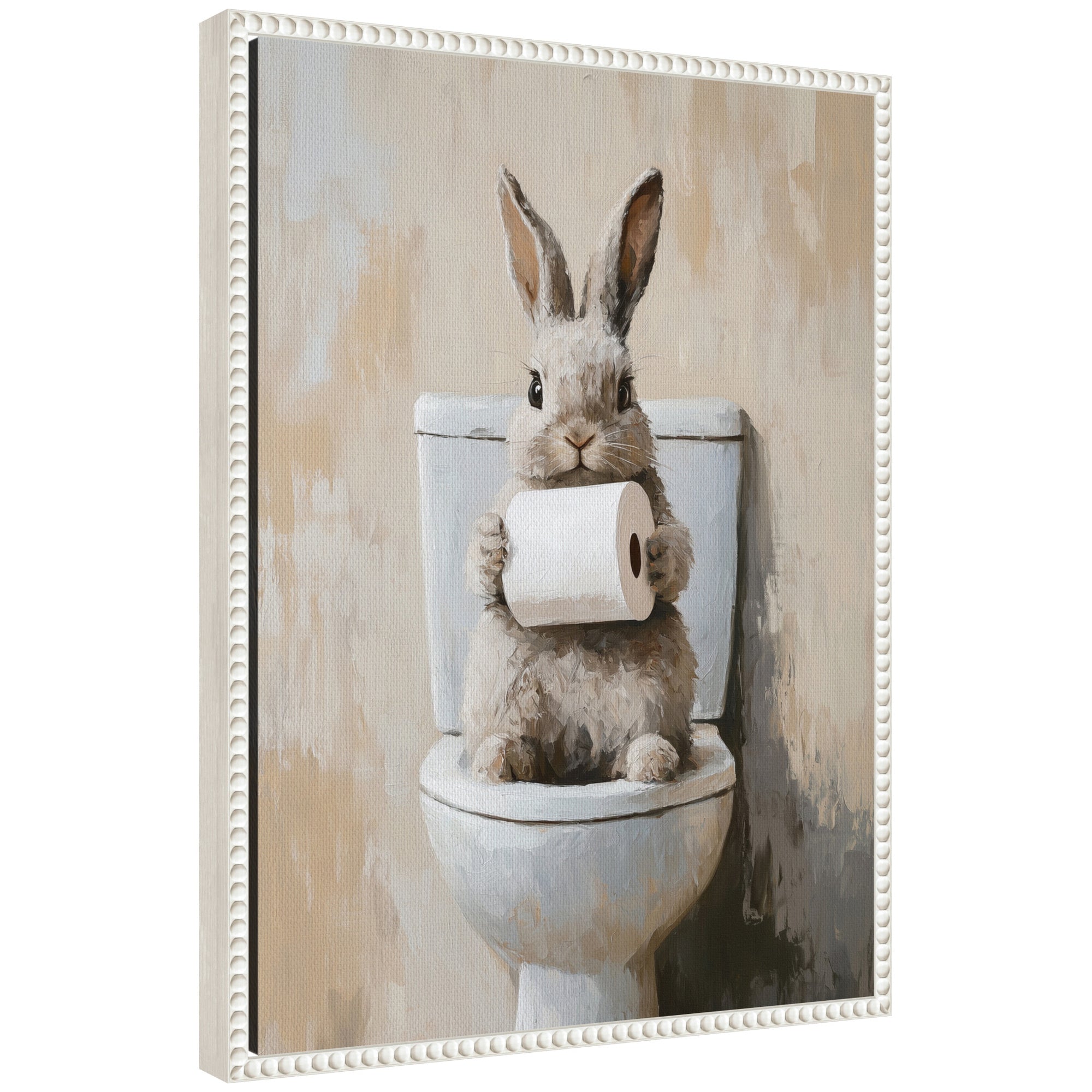 Sylvie Cute Bunny Toilet Paper Roll Toilet Bathroom Art Framed Canvas by The Creative Bunch Studio