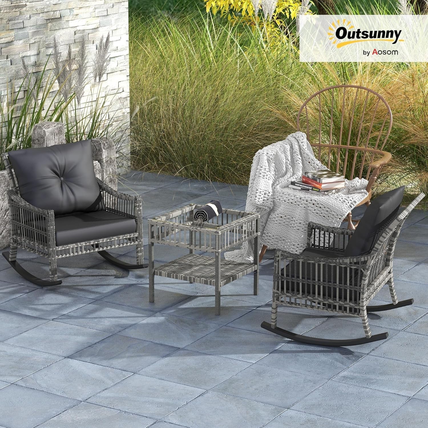 Wicker Outdoor Rocking Chair Set with Storage Table