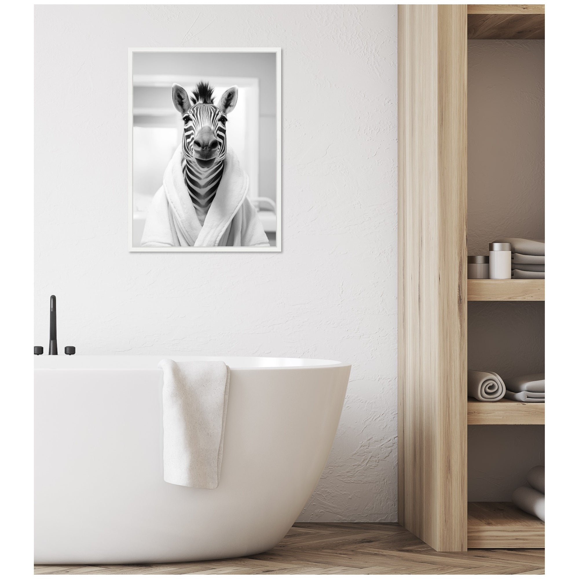 Sylvie Zebra Bathroom Art Towel Robe Black and White Framed Canvas by The Creative Bunch Studio