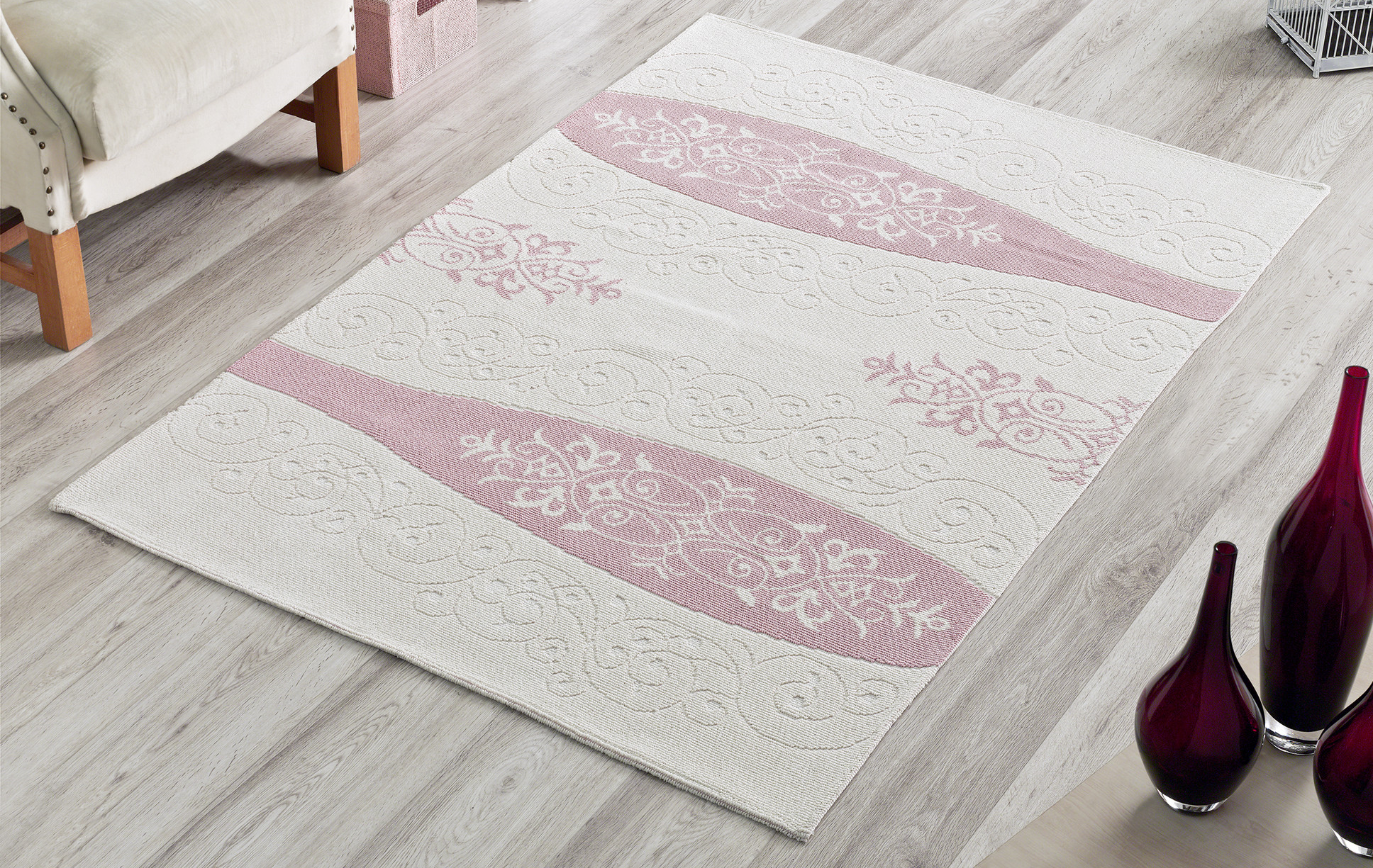 Vase 100% Cotton Washable Area Rug - Pink, White & Light Cream