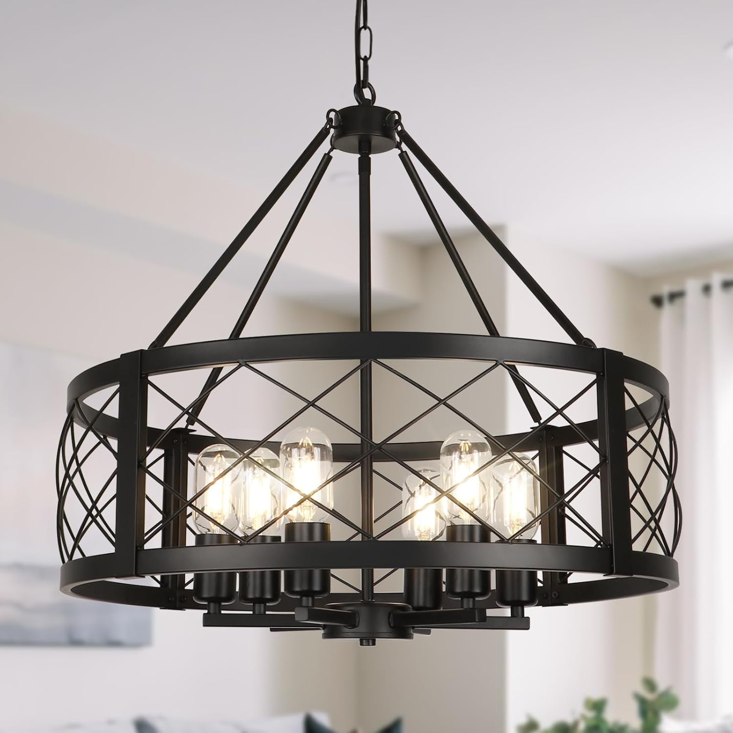 6 Light Black Rustic Drum Chandelier 22.5 Inch Dining Room-0
