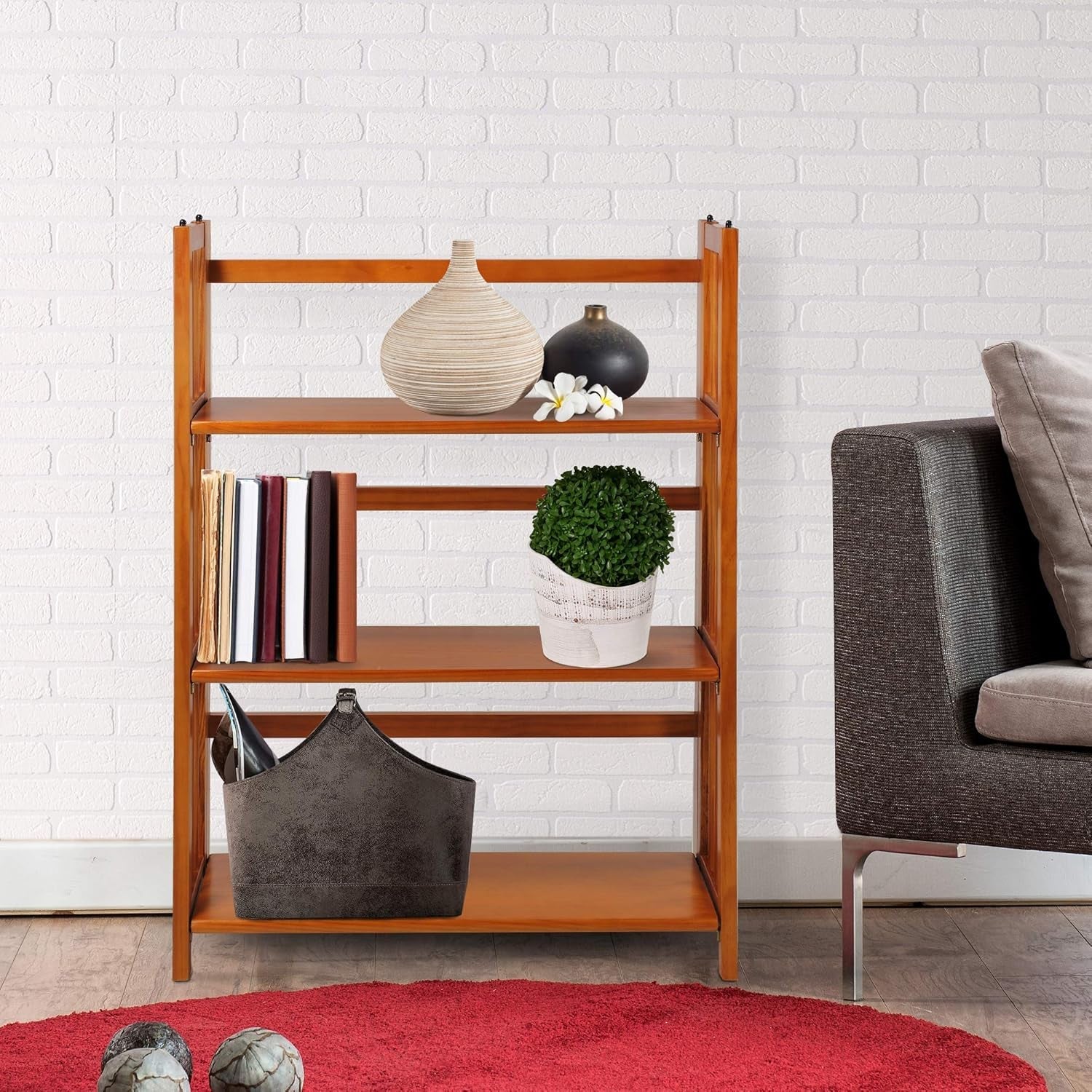 3-Shelf Folding Stackable Bookcase 27.5 Inch Wide Honey Oak