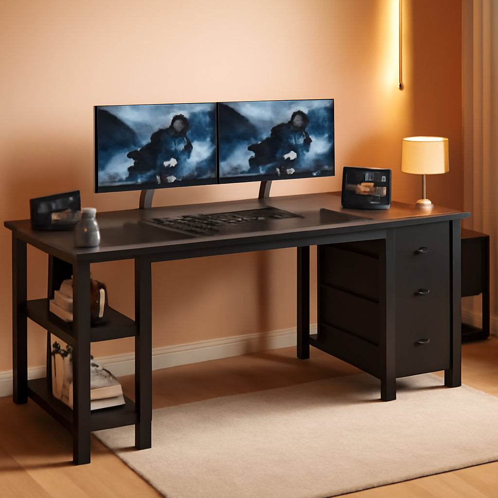 55 Inch Gaming Desk With Fabric Drawers And Shelves Black