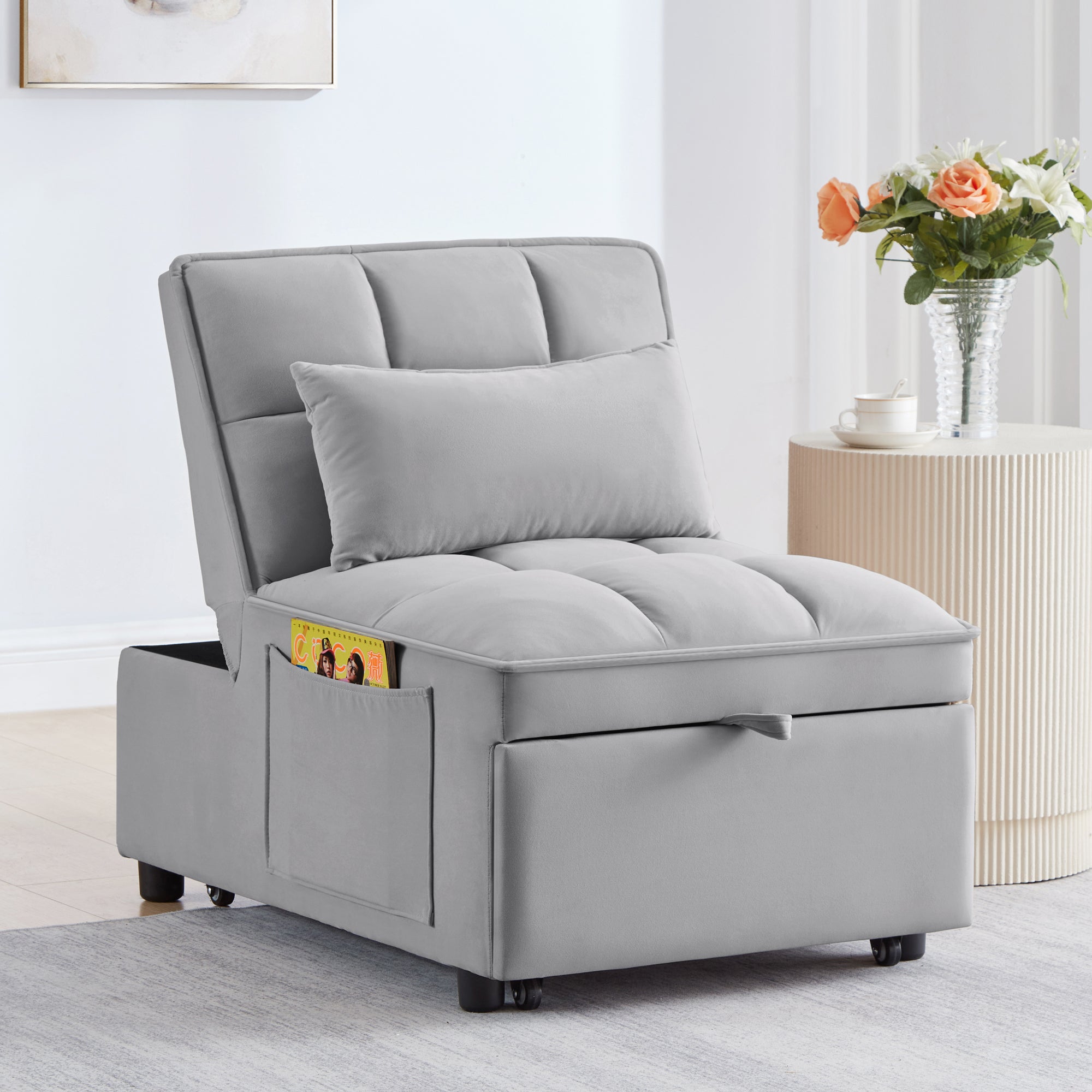 4 in 1 Multi-Function Single Sofa Bed with Storage Pockets Gray