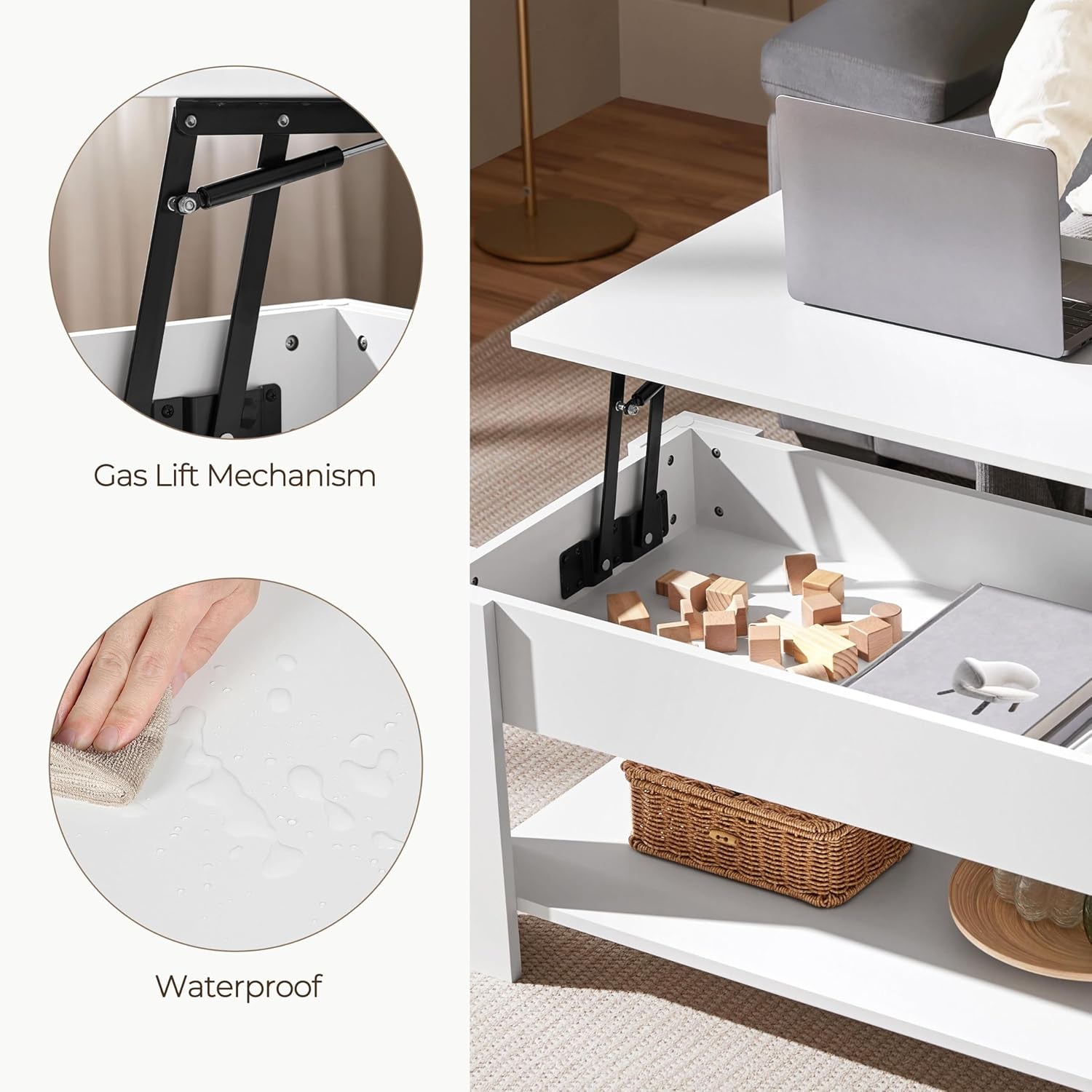 Lift Top Coffee Table With Hidden Compartment And White Finish