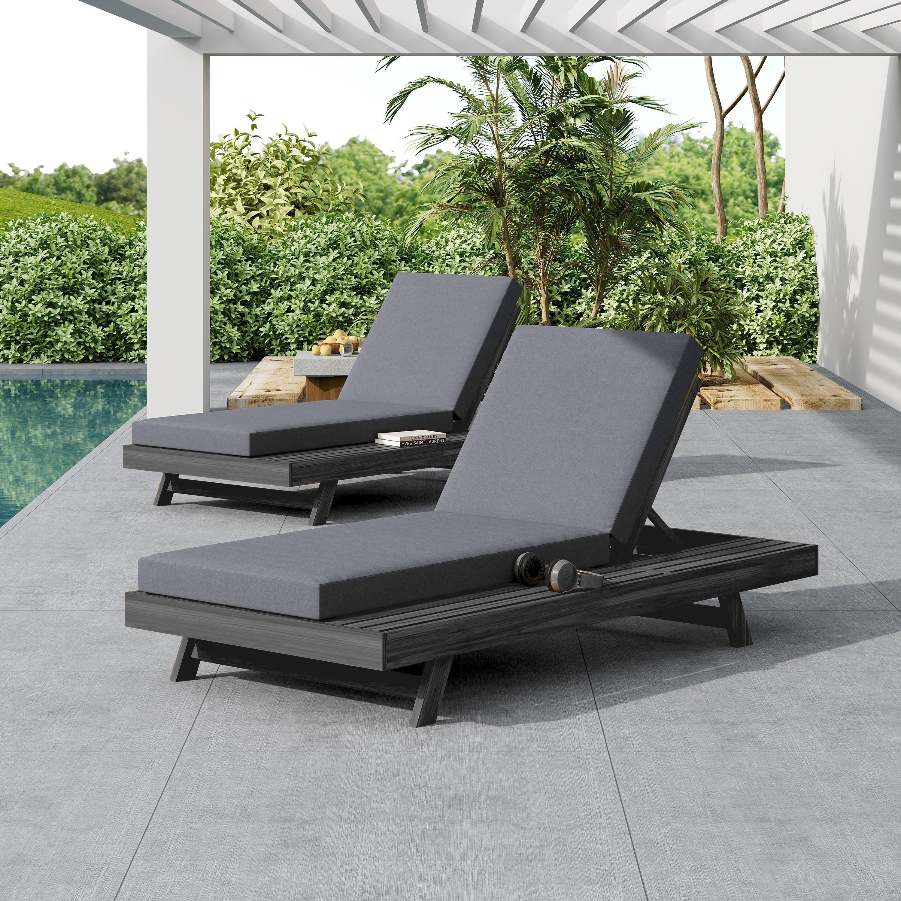 Lounge Chaise Set in Black Acacia Wood with Water-Resistant Cushions