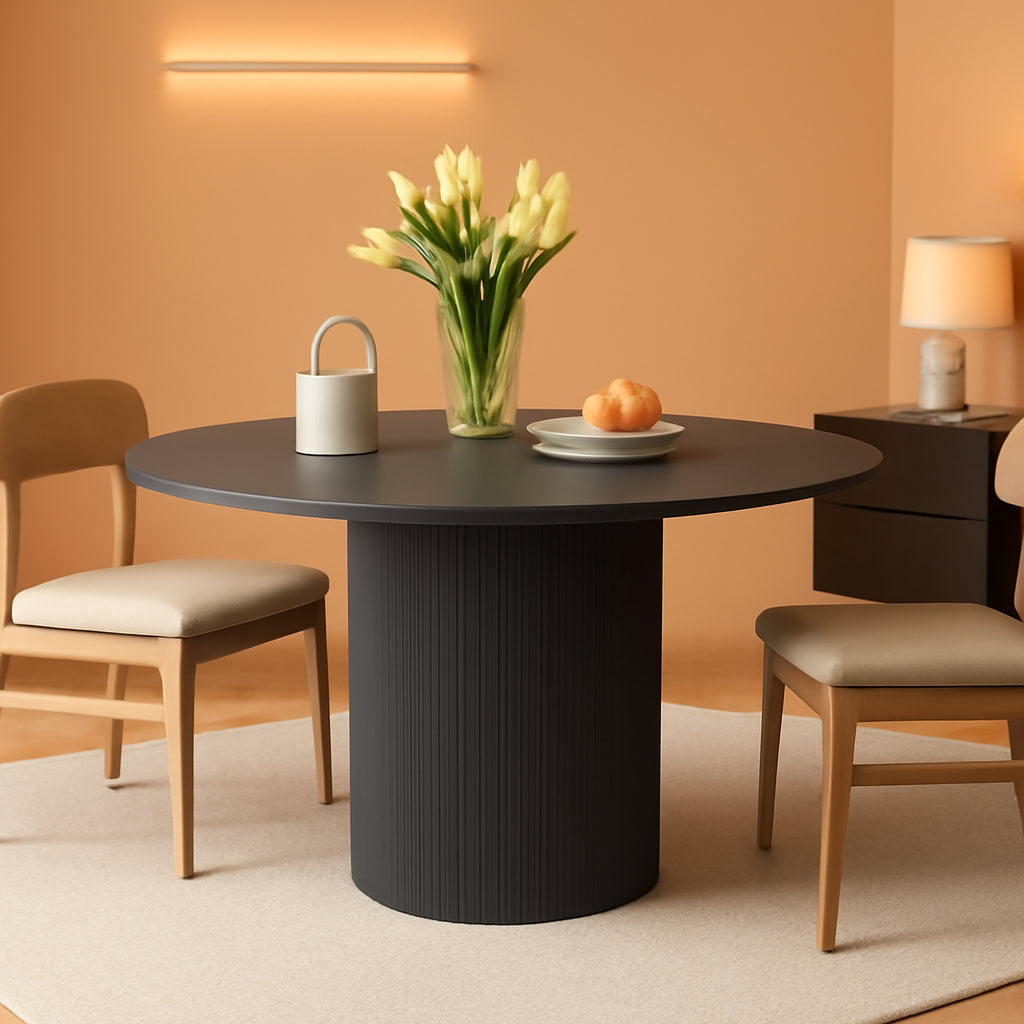 Round Dining Table For 4 47 Inch Black Wood Strip Base Kitchen Table