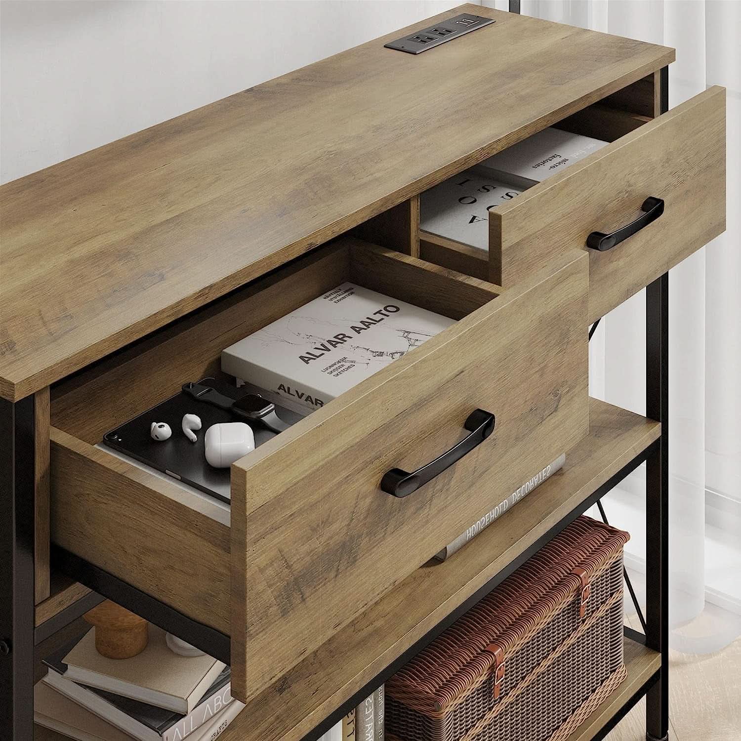 Rustic Brown Industrial Console Table With Storage Shelves
