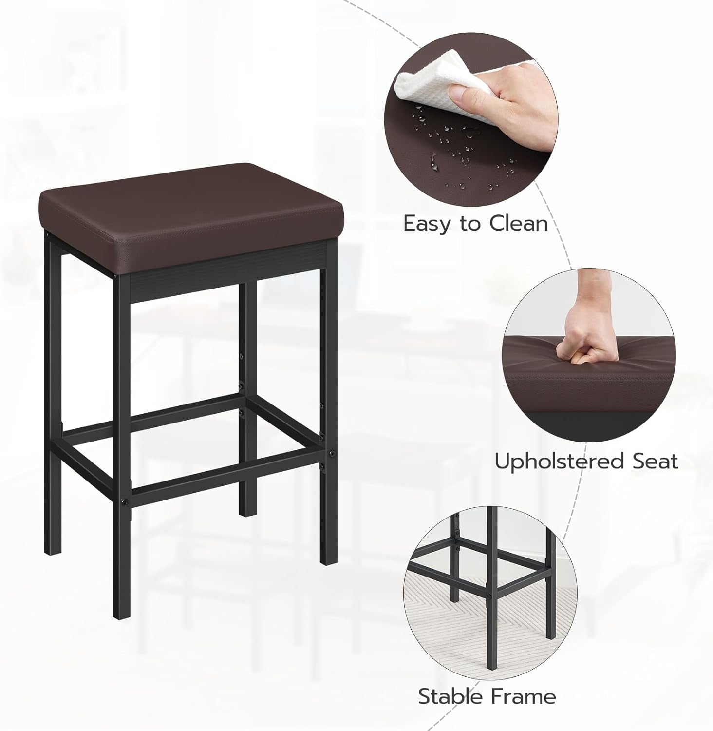 Bar Stools Set Of 2 24.8 Inch Height Black PU Upholstered