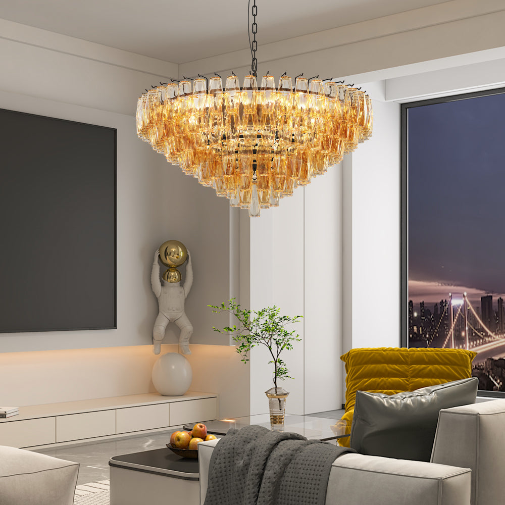 Tiered Smoke Glass Chandelier | 14-Light Round or 12-Light Rectangular, Brushed Black or Gold Metal Frame — 37" or 54", Dimmable