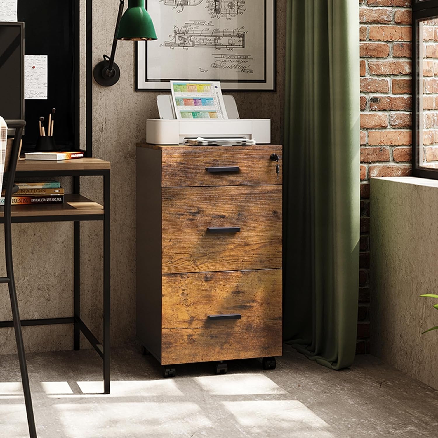 3 Drawer Lockable Rolling File Cabinet In Rustic Brown Fits Letter And A4 Size For Home Office