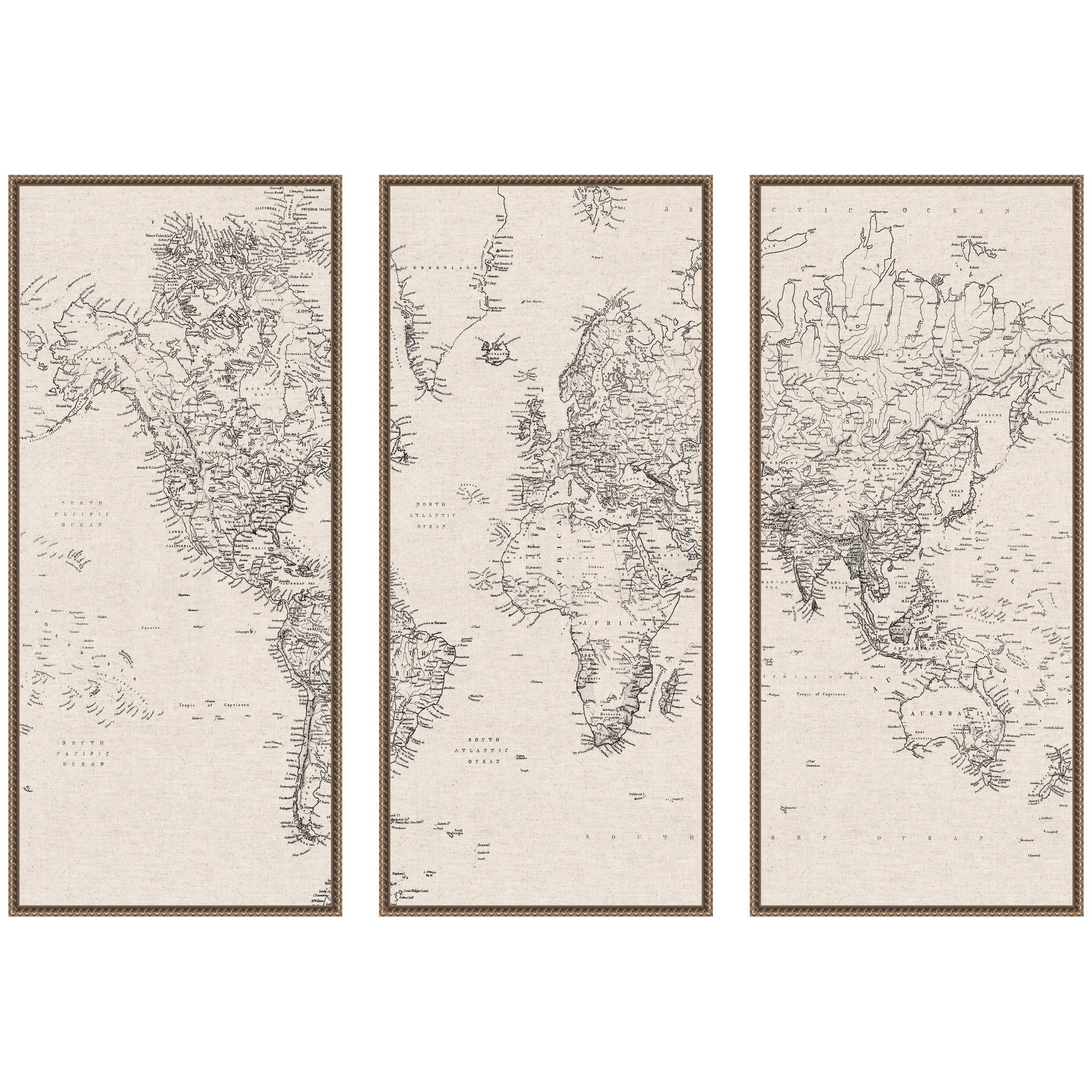 Vintage Black and White World Map Linen 3 Piece Framed Canvas Wall Art Set by The Creative Bunch Studio