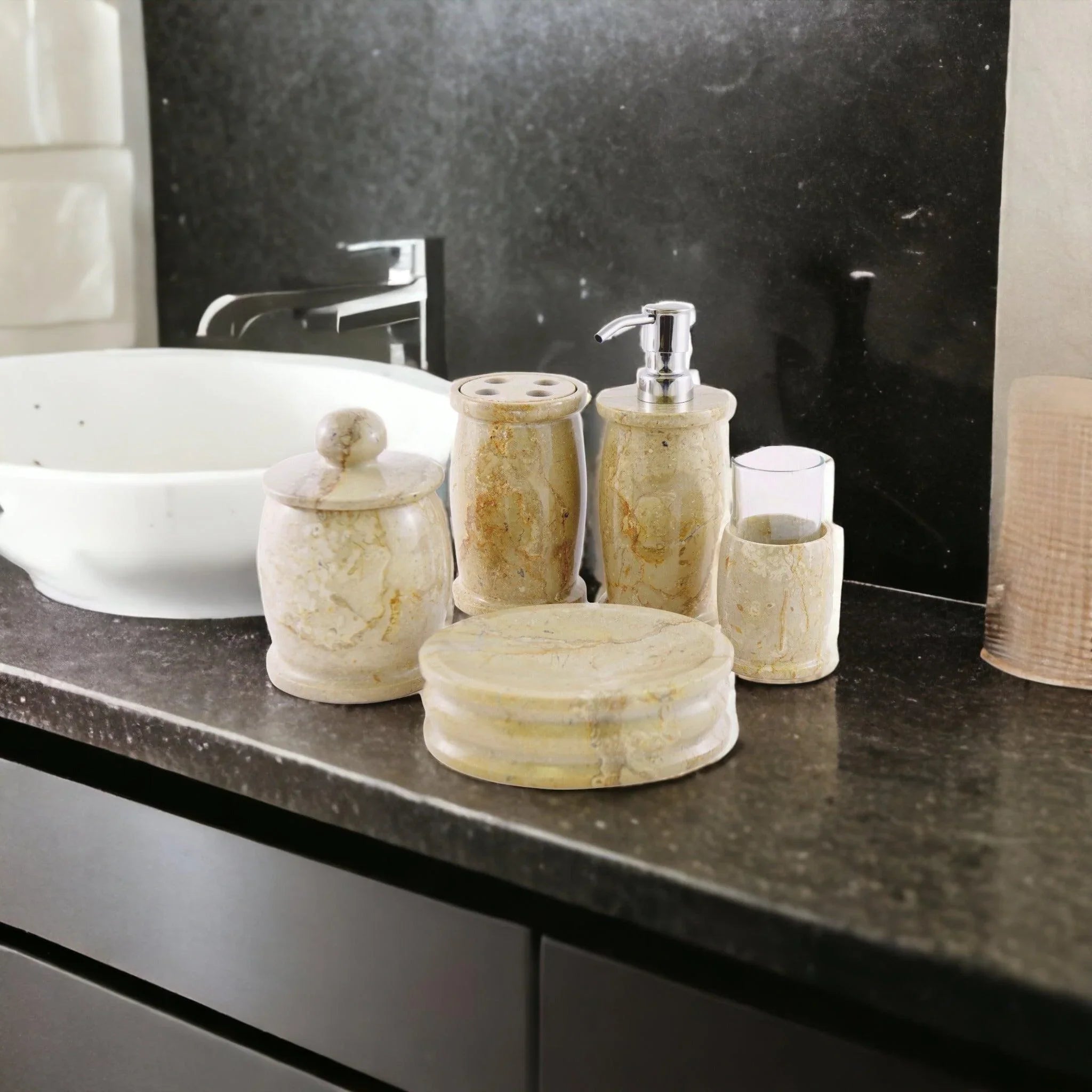Elegant Bathroom Accessory Set of Sahara Beige Marble - Pacific Collection