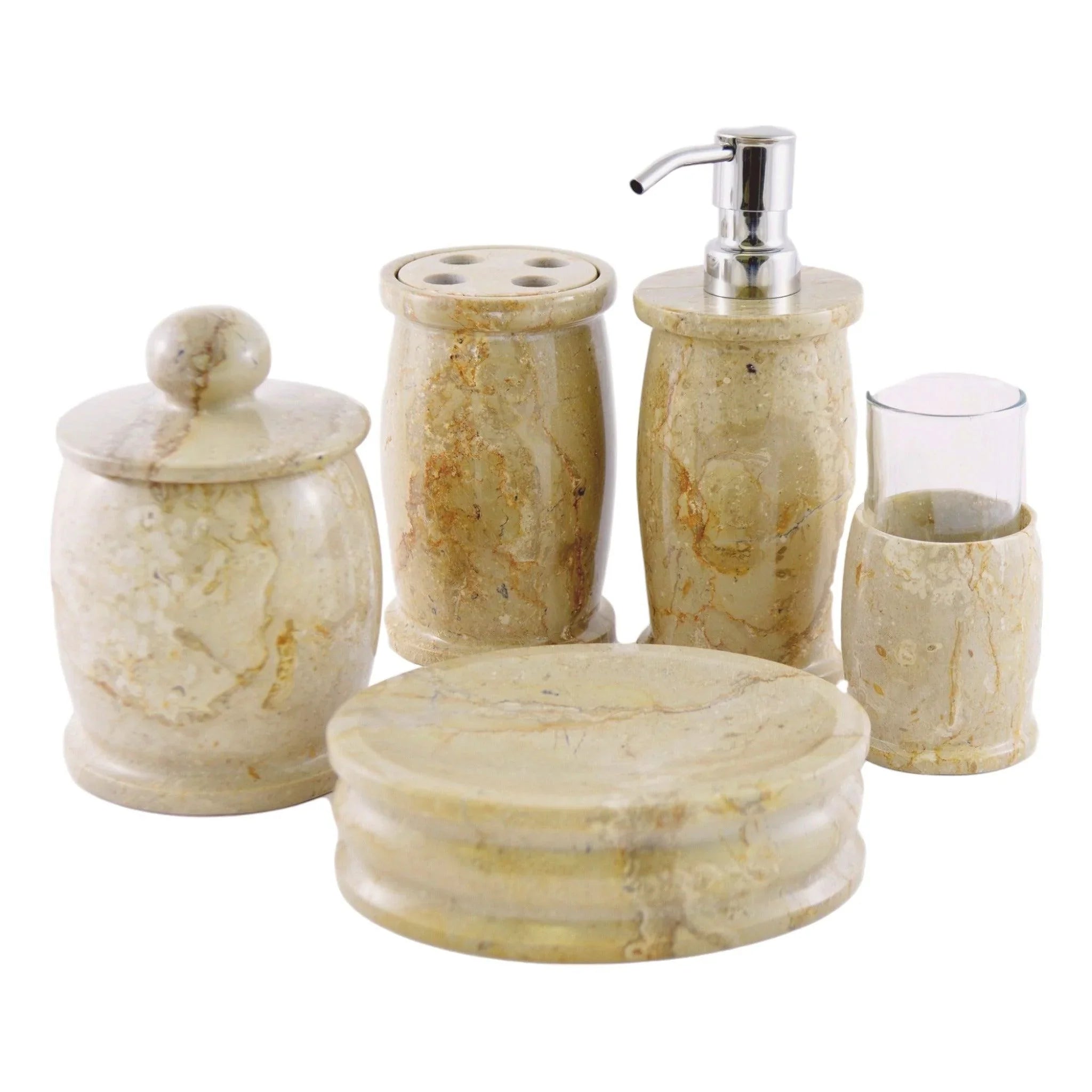 Elegant Bathroom Accessory Set of Sahara Beige Marble - Pacific Collection