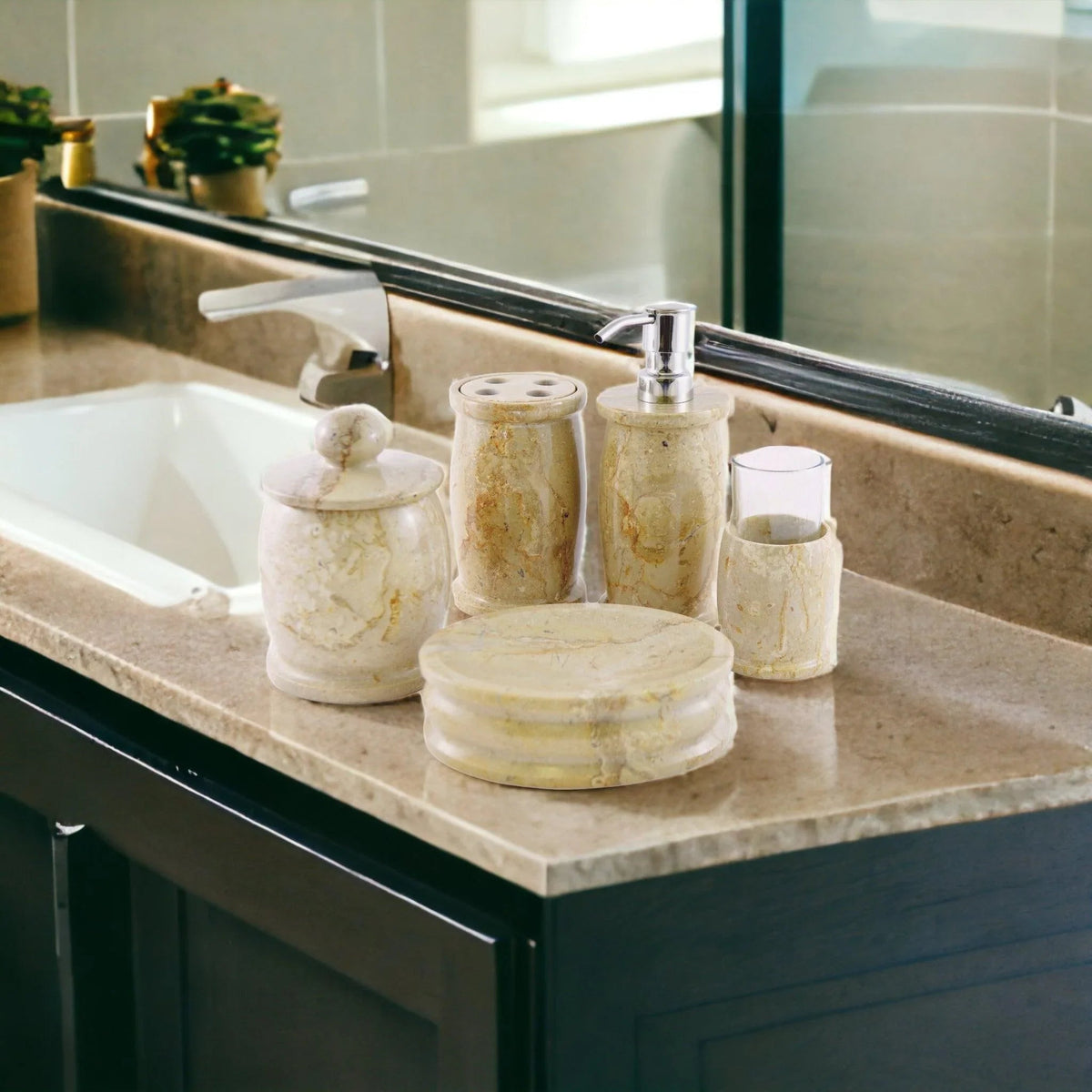 Elegant Bathroom Accessory Set of Sahara Beige Marble - Pacific Collection