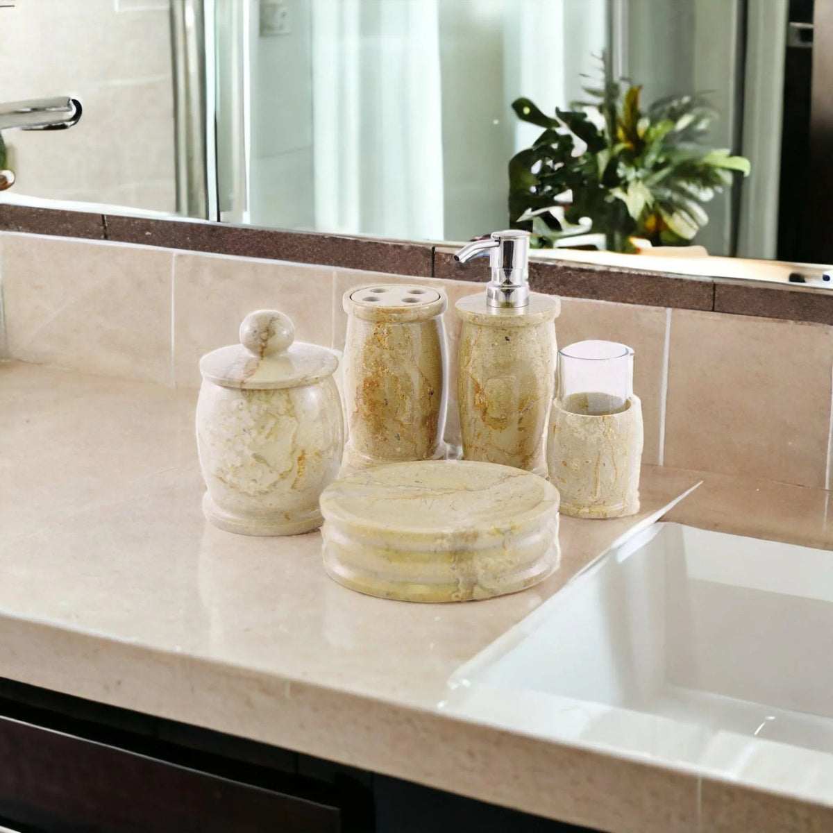 Elegant Bathroom Accessory Set of Sahara Beige Marble - Pacific Collection