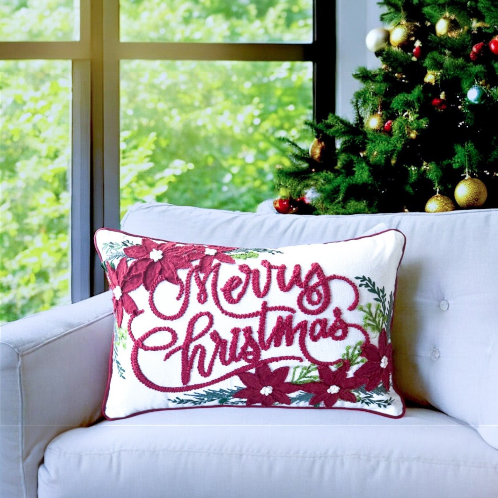 Merry Christmas Vintage Poinsettia Throw Pillow