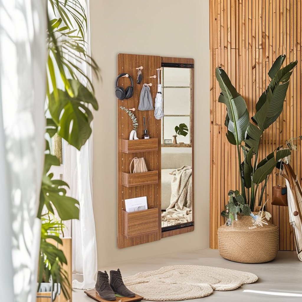 Walnut Pegboard Storage Dressing Mirror Cabinet