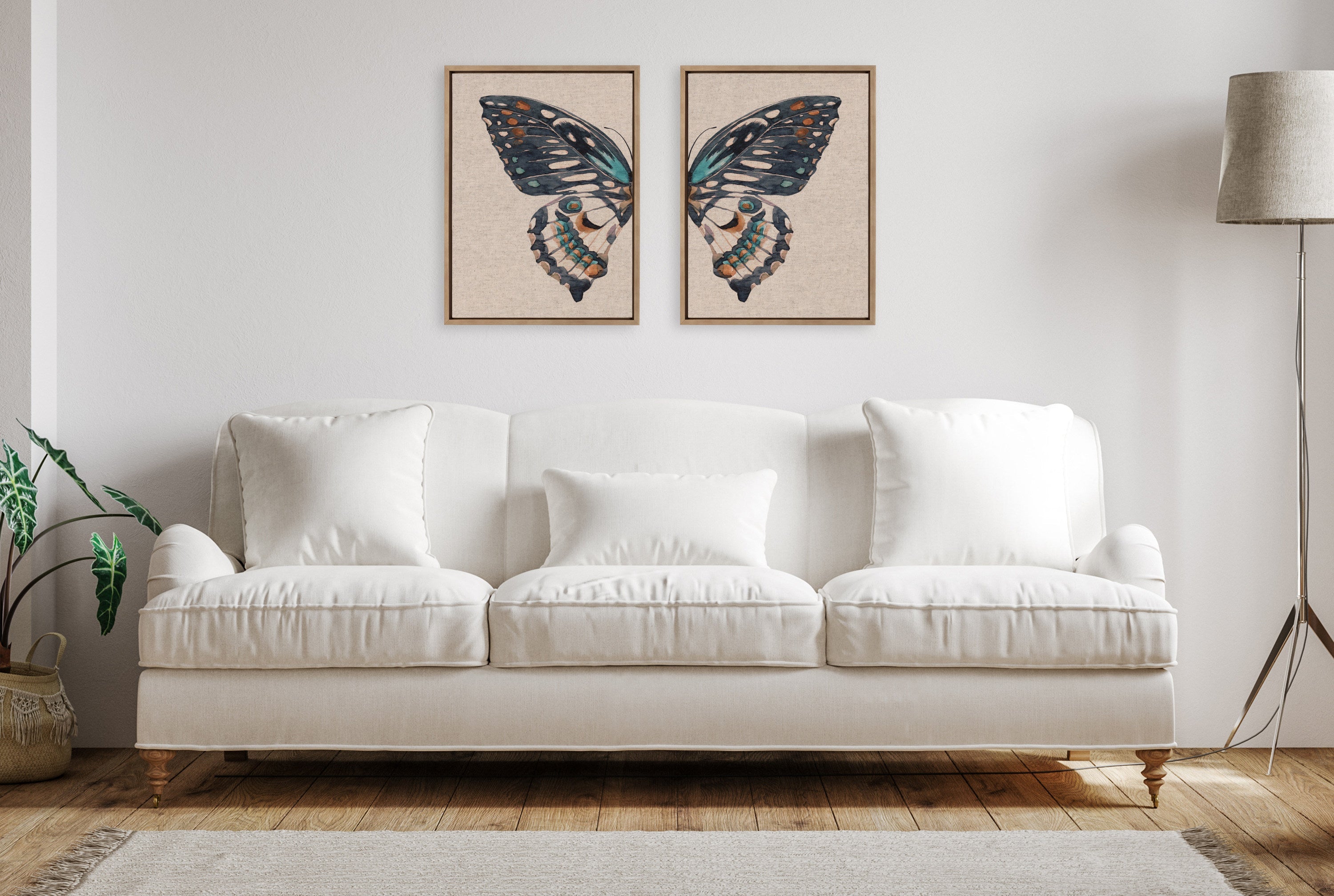 Sylvie Boho Butterfly Watercolor Diptych Neutral Linen Framed Canvas Art Set by The Creative Bunch Studio