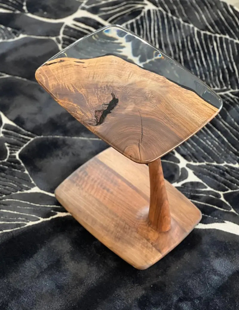 C-Shaped Walnut & Resin End Table with Wheels