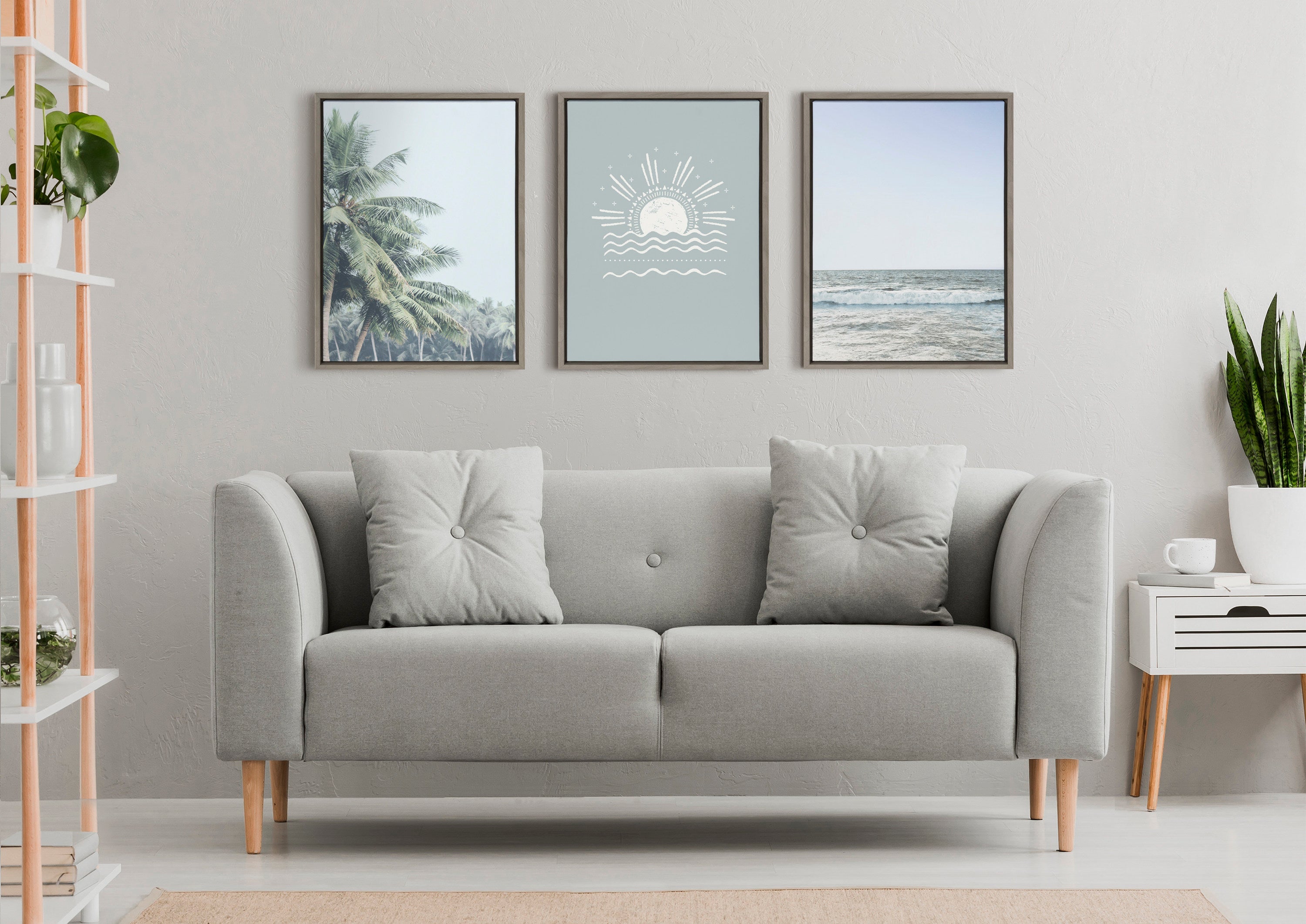 Sylvie Pale Green Coconut Palm Trees Framed Canvas by The Creative Bunch Studio