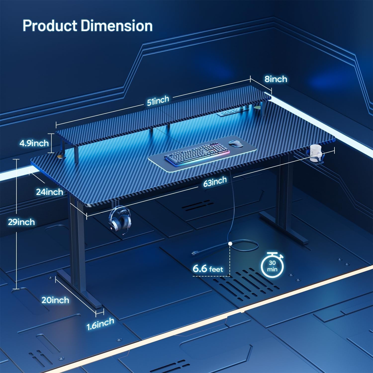 Ergonomic 63 Inch Gaming Desk With LED Lights