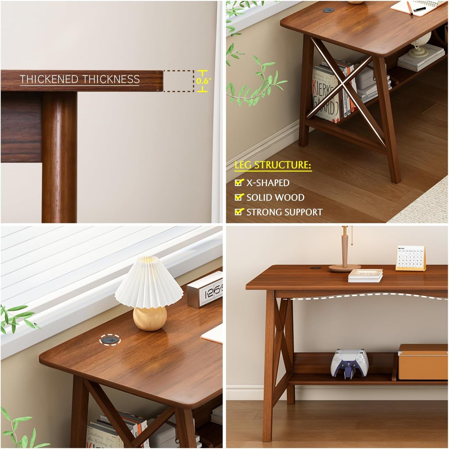 Extra Long Solid Wood Desk with Bookshelf Storage