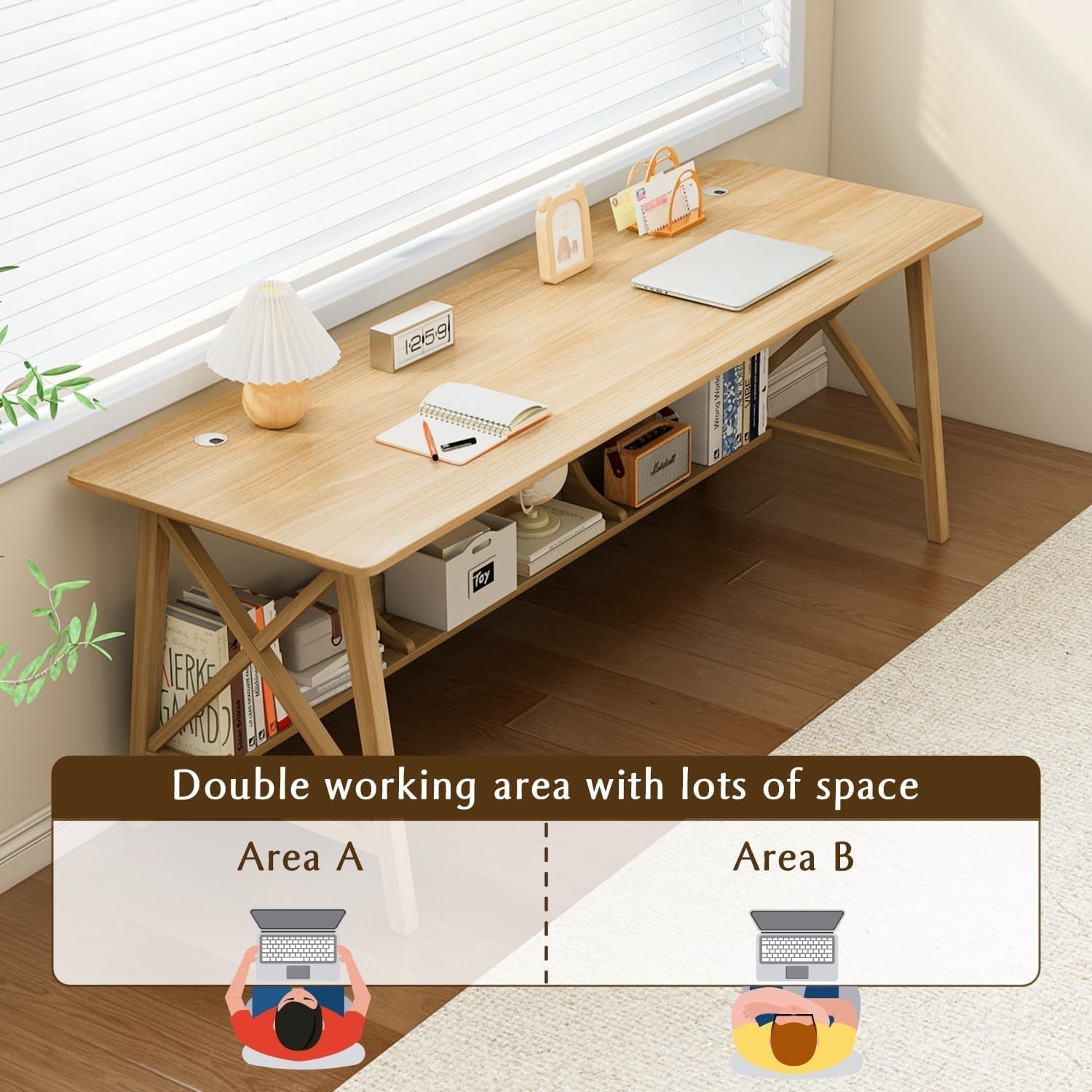 Extra Long Solid Wood Desk with Bookshelf Storage