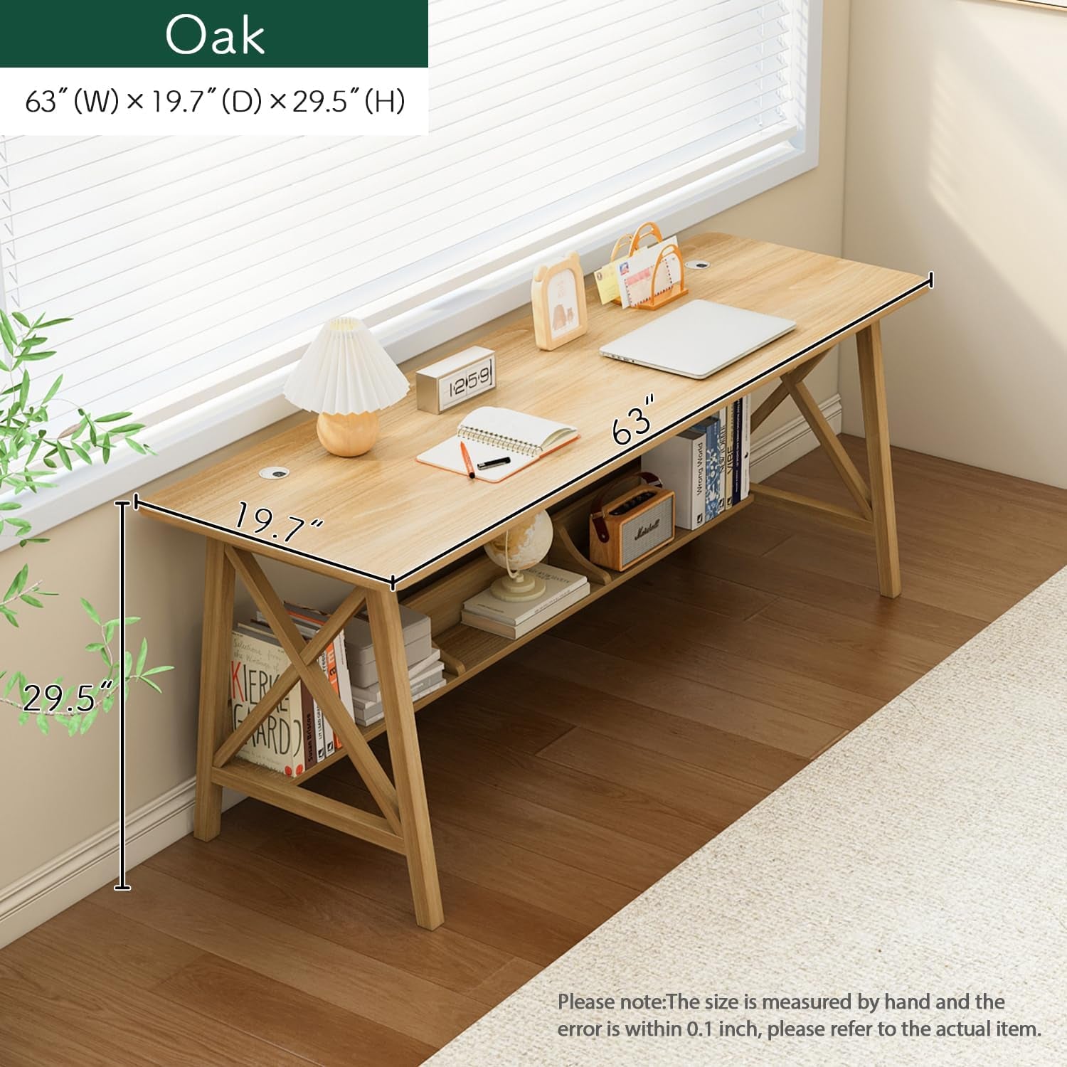 Extra Long Solid Wood Desk with Bookshelf Storage