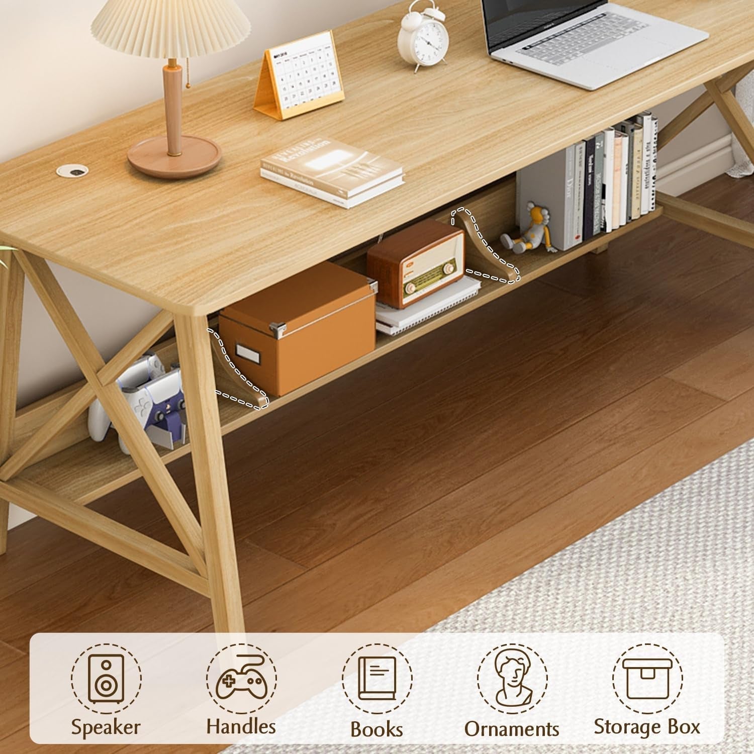 Extra Long Solid Wood Desk with Bookshelf Storage