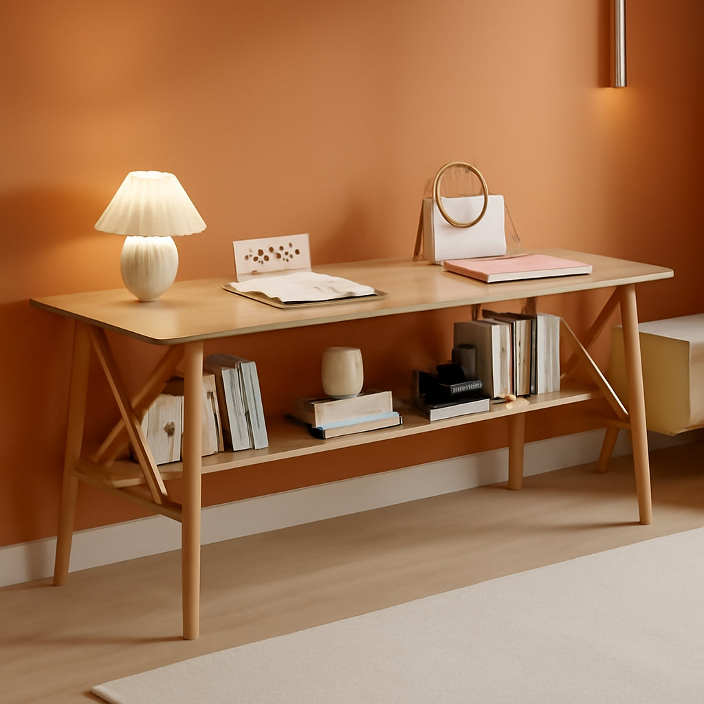 Extra Long Solid Wood Desk with Bookshelf Storage