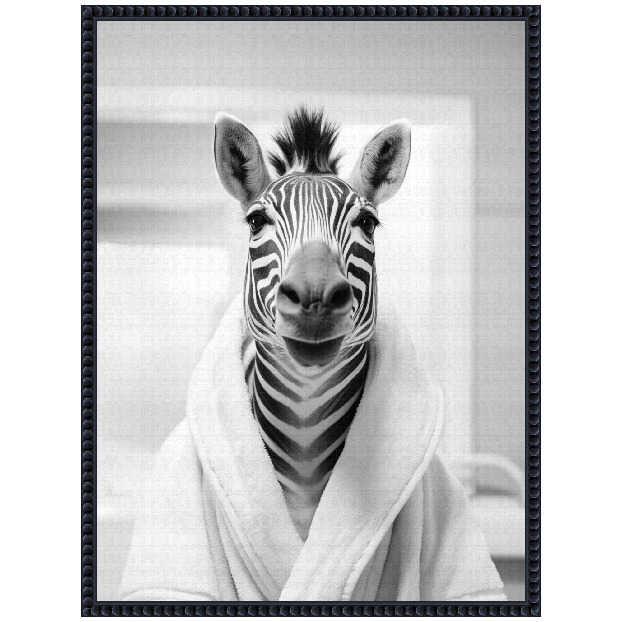 Sylvie Zebra Bathroom Art Towel Robe Black and White Framed Canvas by The Creative Bunch Studio