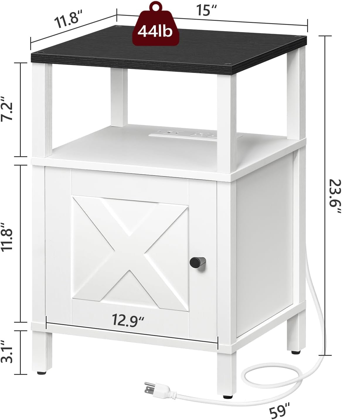 White Farmhouse Bedside Nightstand With USB Type C Ports