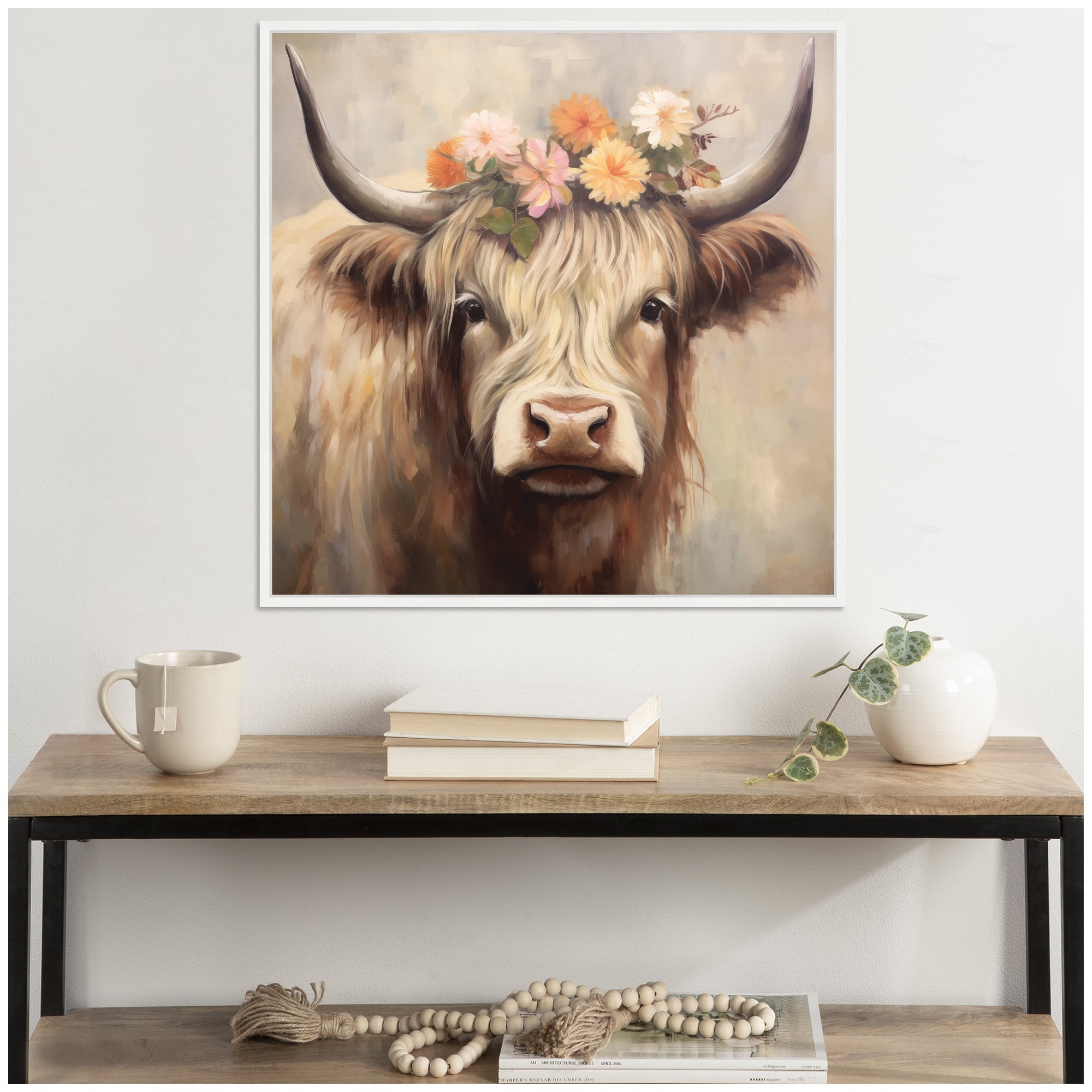 Sylvie Adorable Floral Boho Highland Cow Framed Canvas by The Creative Bunch Studio
