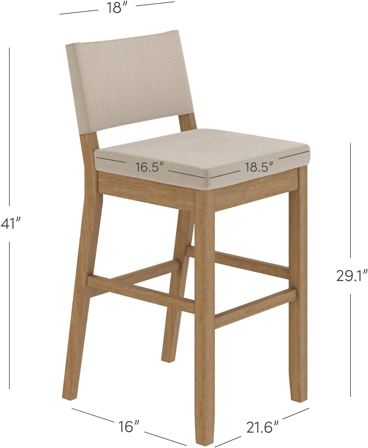 Bar Stool With Back Upholstered In Natural Flax Fabric