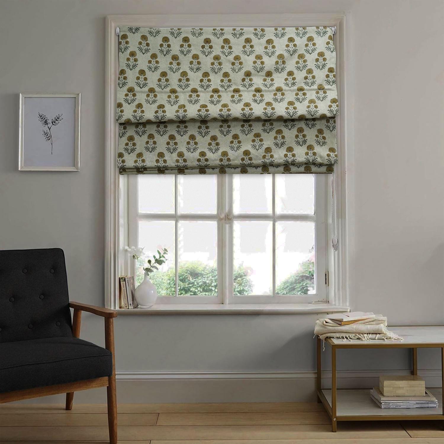 Block Print Floral Linen Roman Shade Blind - Rishi