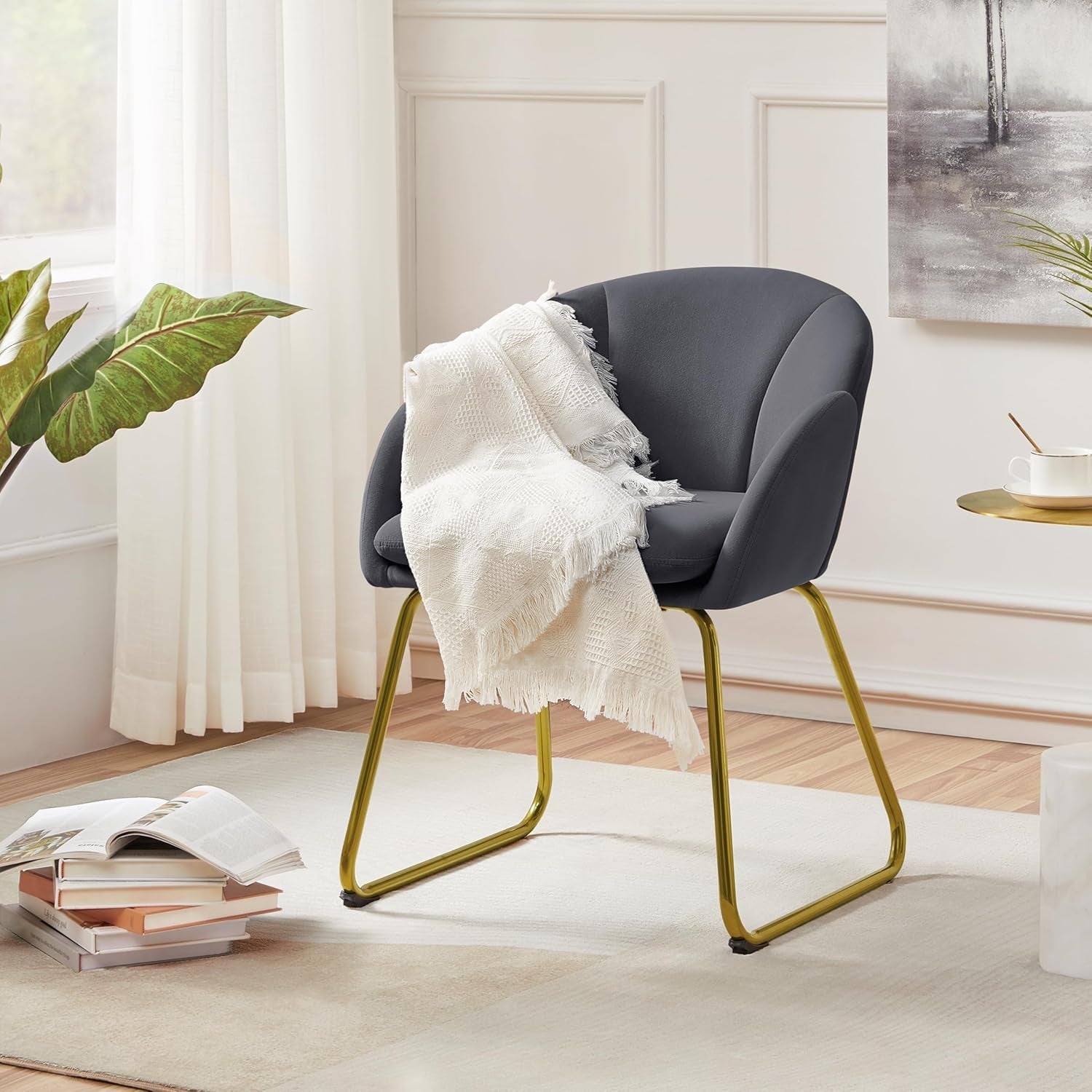 Flower Shape Velvet Armchair With Golden Legs Dark Gray
