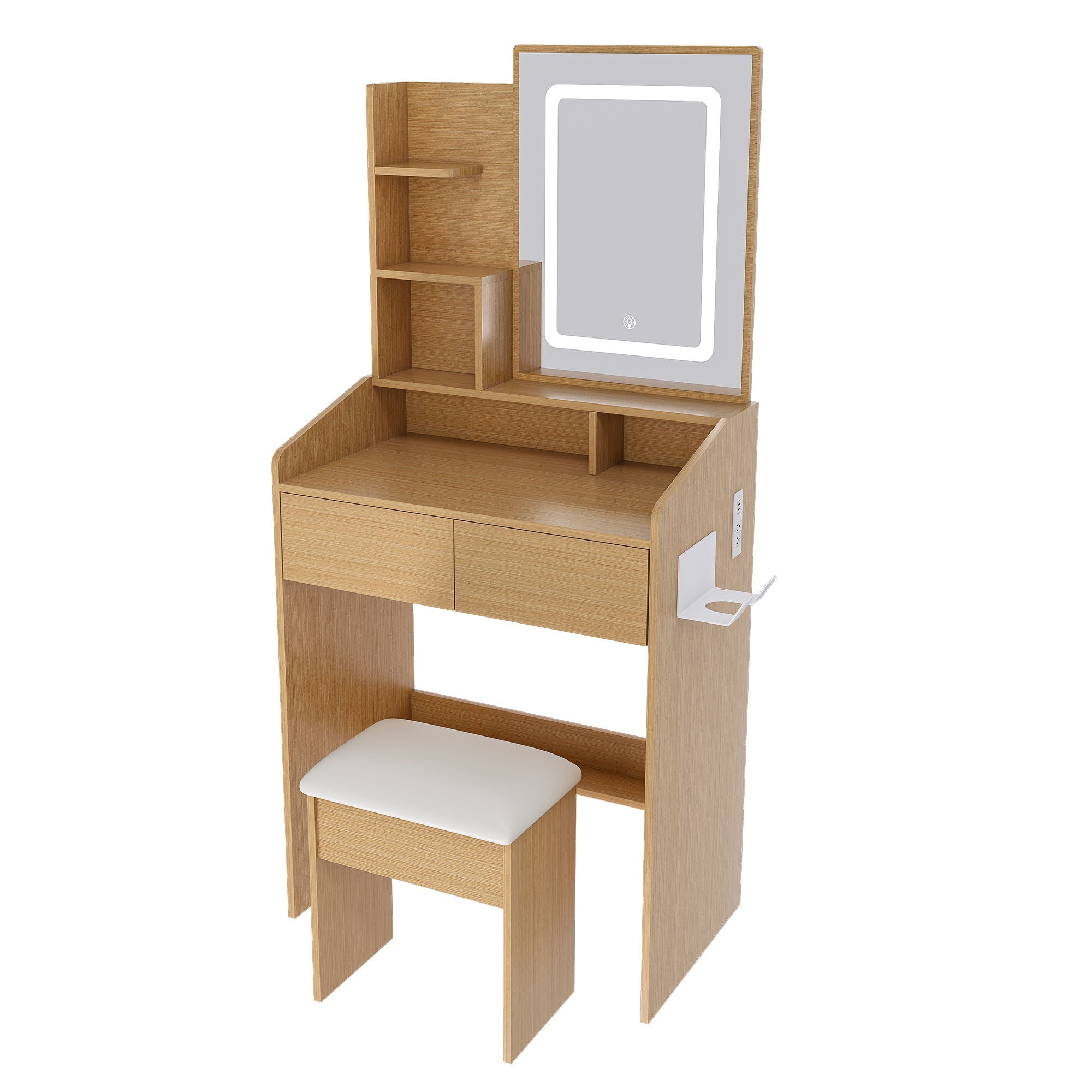 Vanity Table With LED Mirror, Power Outlet, Hairdryer Holder & Padded Stool, Compact Dressing Desk For Small Bedrooms - Wood