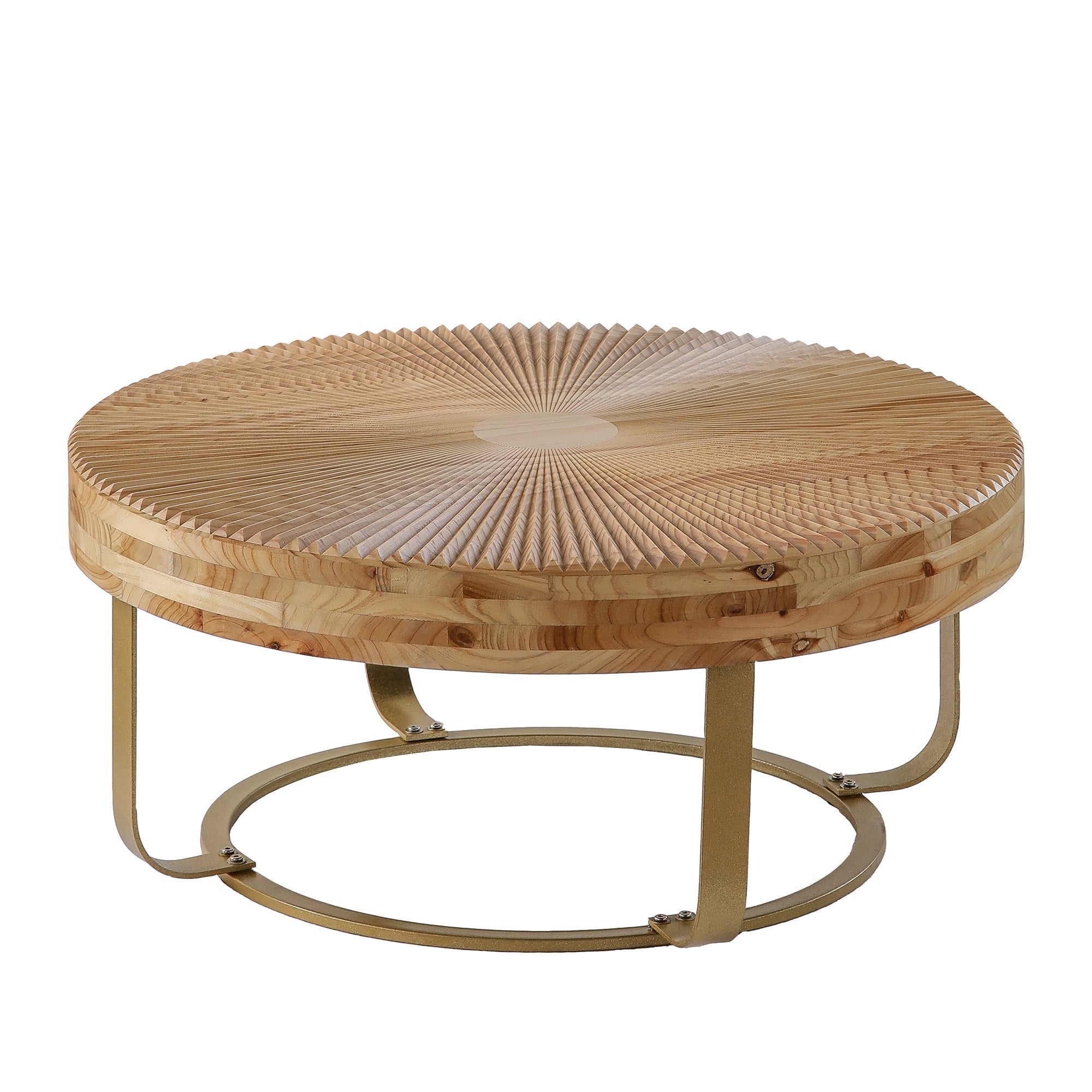 Modern Round Coffee Table with Wooden Carving Pattern and Metal Legs