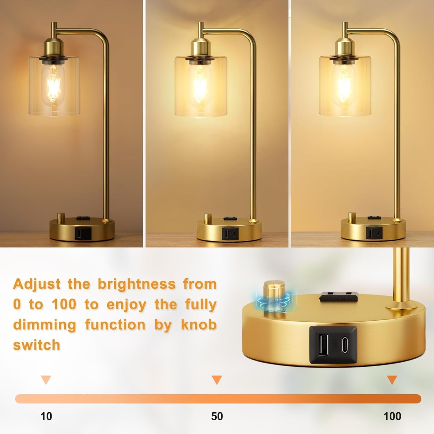 Industrial Dimmable Table Lamps Gold Finish With USB Ports