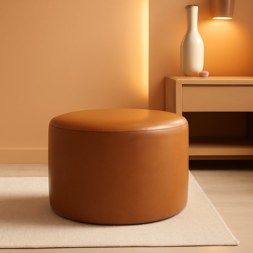 19-Inch Round Caramel Faux Leather Ottoman Footrest