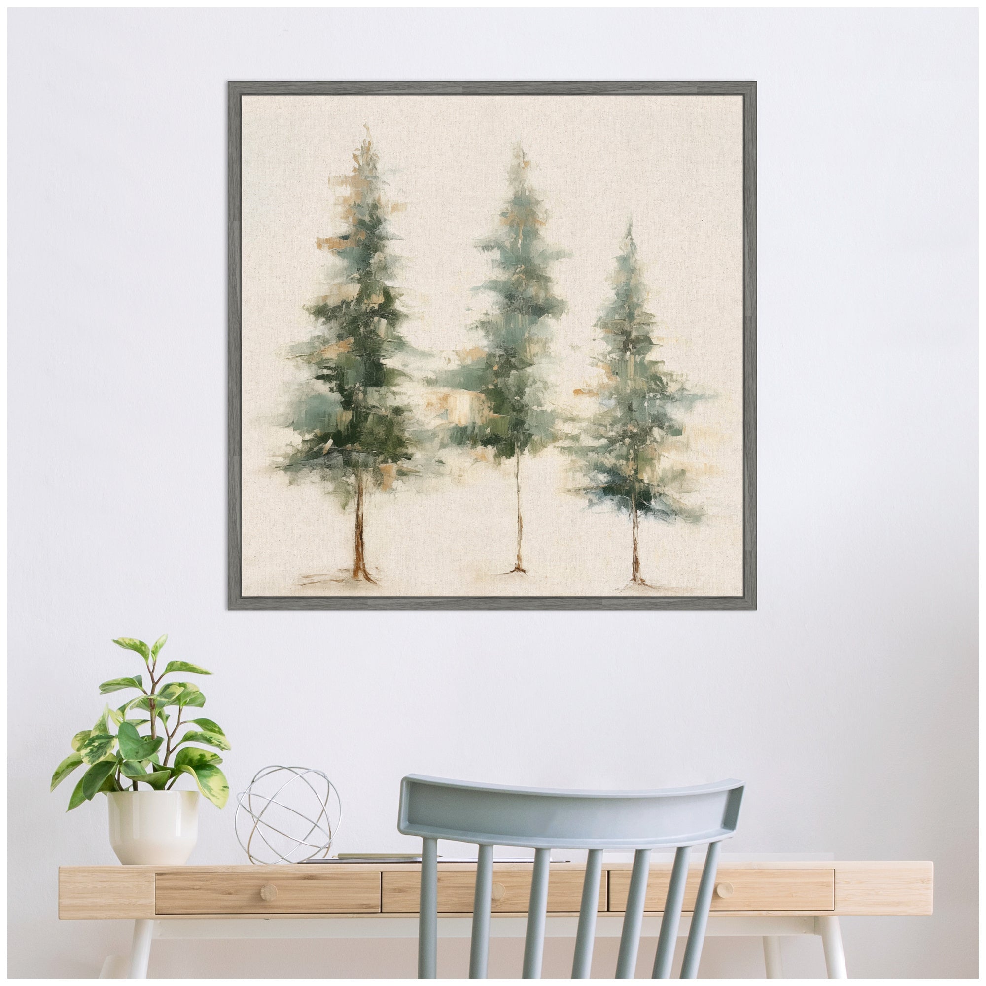 Sylvie Abstract Forest Evergreen Trees on Neutral Linen Framed Canvas by The Creative Bunch Studio