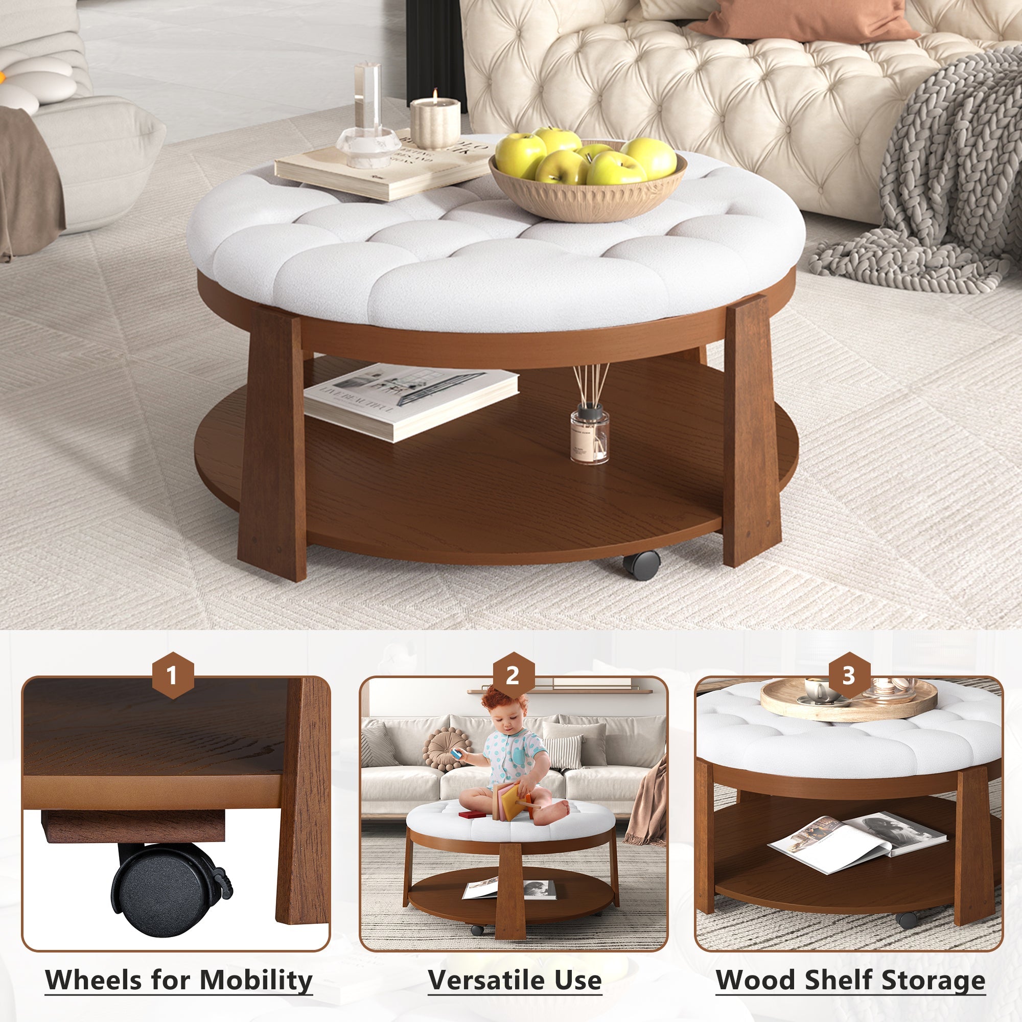 Modern Large Round Ottoman Coffee Table 2-Tier